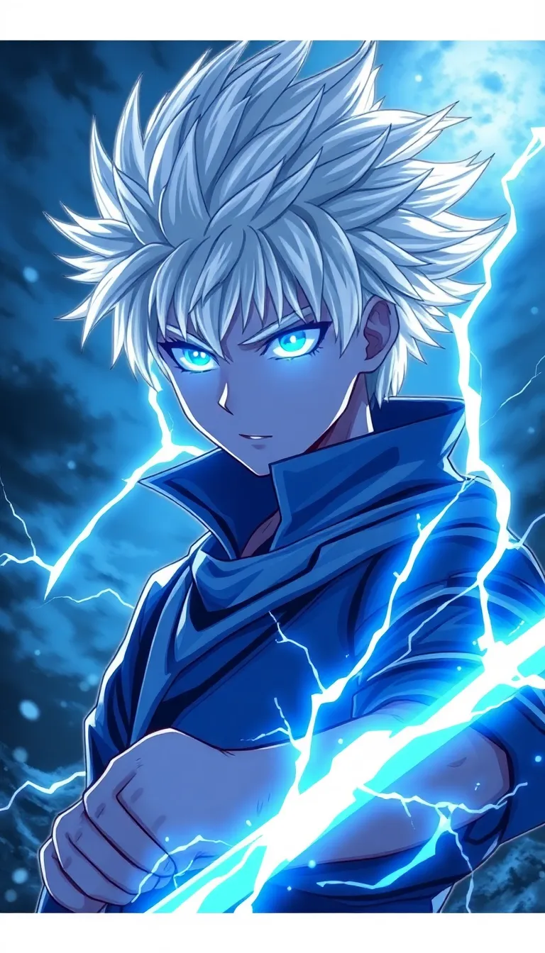 Anime fantasy boy with white spiky hair, glowing blue lightning eyes, electric aura, holding thunder blade, stormy sky background, dramatic pose, ultra detailed anime style, cinematic lighting, 4K