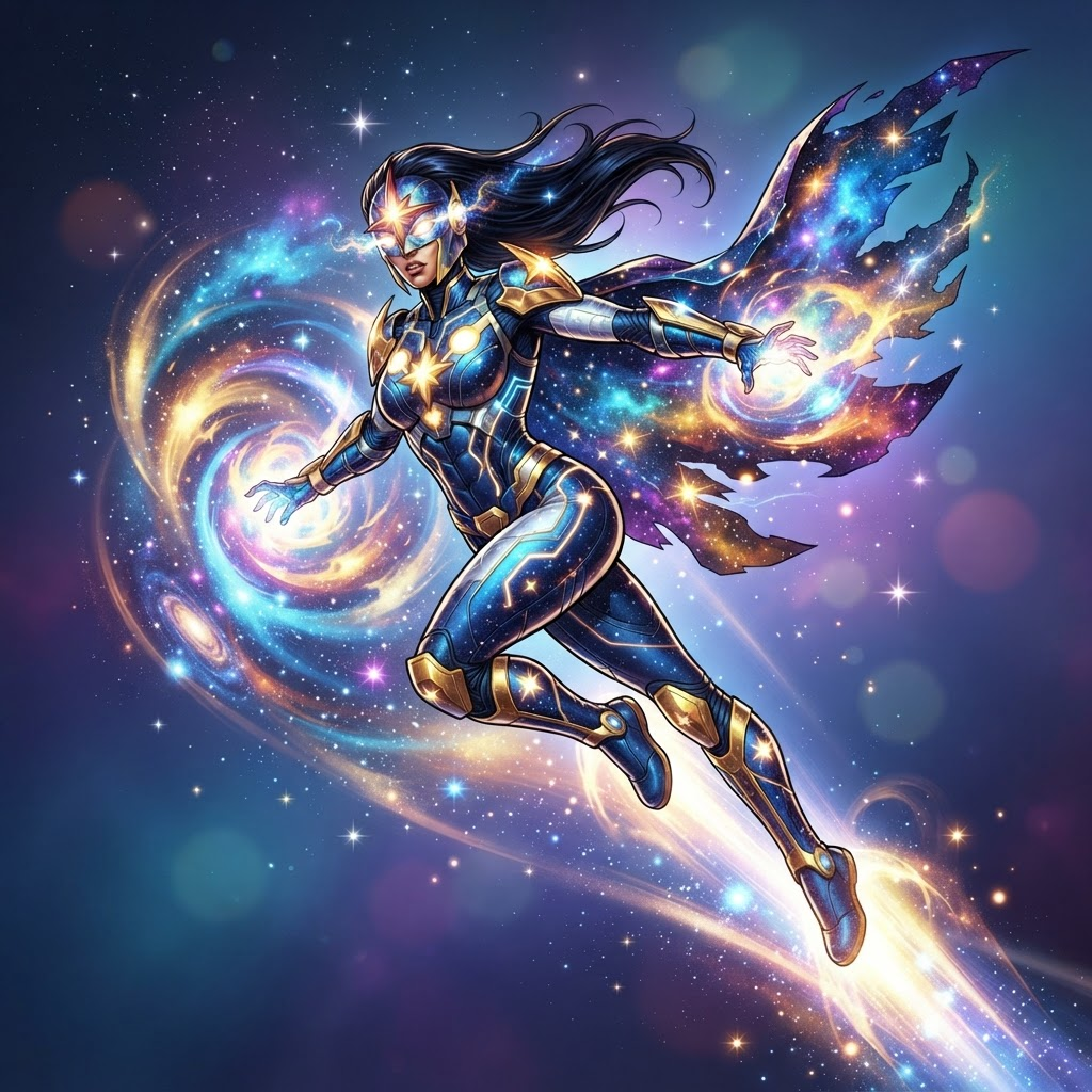 dynamic original Marvel-style superhero character, cosmic energy powers, dramatic action pose