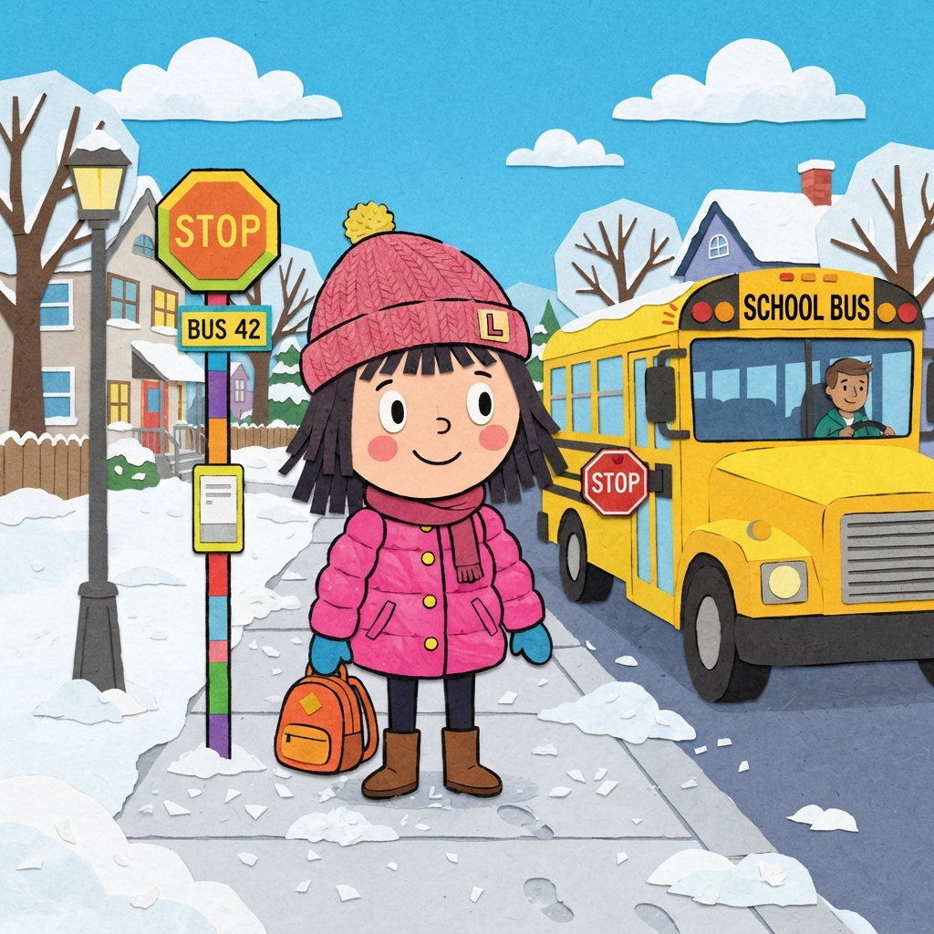 original cartoon girl character, construction-paper cutout style, simple round head, big oval eyes, bold black outlines, pink puffy coat and knit hat, snowy sidewalk with school bus stop, flat vibrant colors, crisp high detail, digital illustration