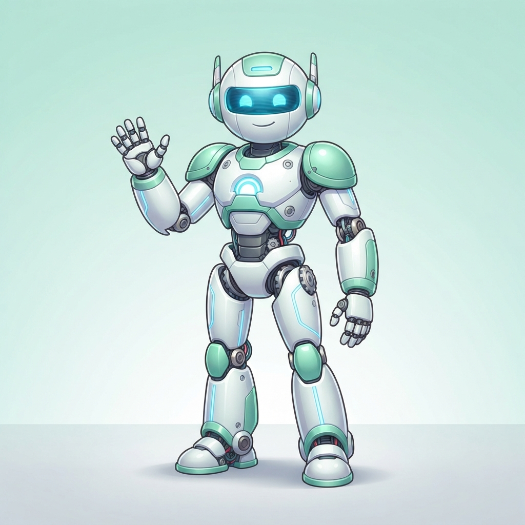 an original robot character with rounded white and mint green plating, a glowing blue visor for eyes, cheerful standing pose, full body original character design, clean soft gradient studio background, vibrant, crisp high detail, digital illustration, no text, no words, no watermark