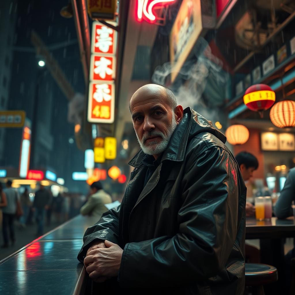 A wide-angle full body shot of a 35-year-old white man in a cyberpunk Tokyo street style, inspired by Blade Runner. The man is dressed in an old raincoat, sitting at an open-air bar, surrounded by many people. The scene features a Dutch angle with neon lights illuminating his face, creating a dreamy atmosphere. Rain and smoke fill the air, and the ambiance is dark and moody, with no hat on the man, a female replicant are siting near him
