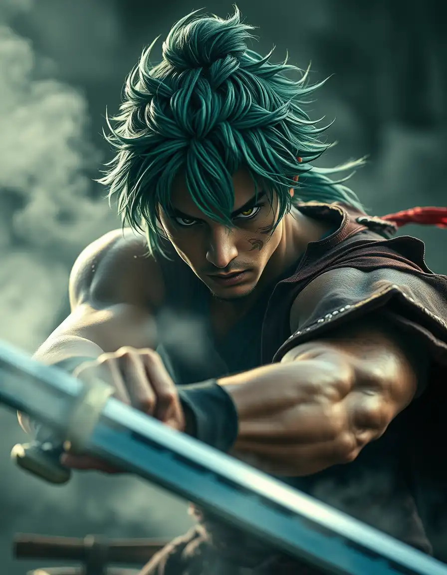 cinematic anime-inspired warrior, green-haired swordsman, muscular build, intense eyes, battle scars, training with swords, dramatic lighting, volumetric fog, high contrast shadows, wind blowing, dust particles, epic atmosphere, ultra-detailed, 4K, shallow depth of field, dynamic camera movement, emotional storytelling, film grain, slow motion, epic cinematic composition