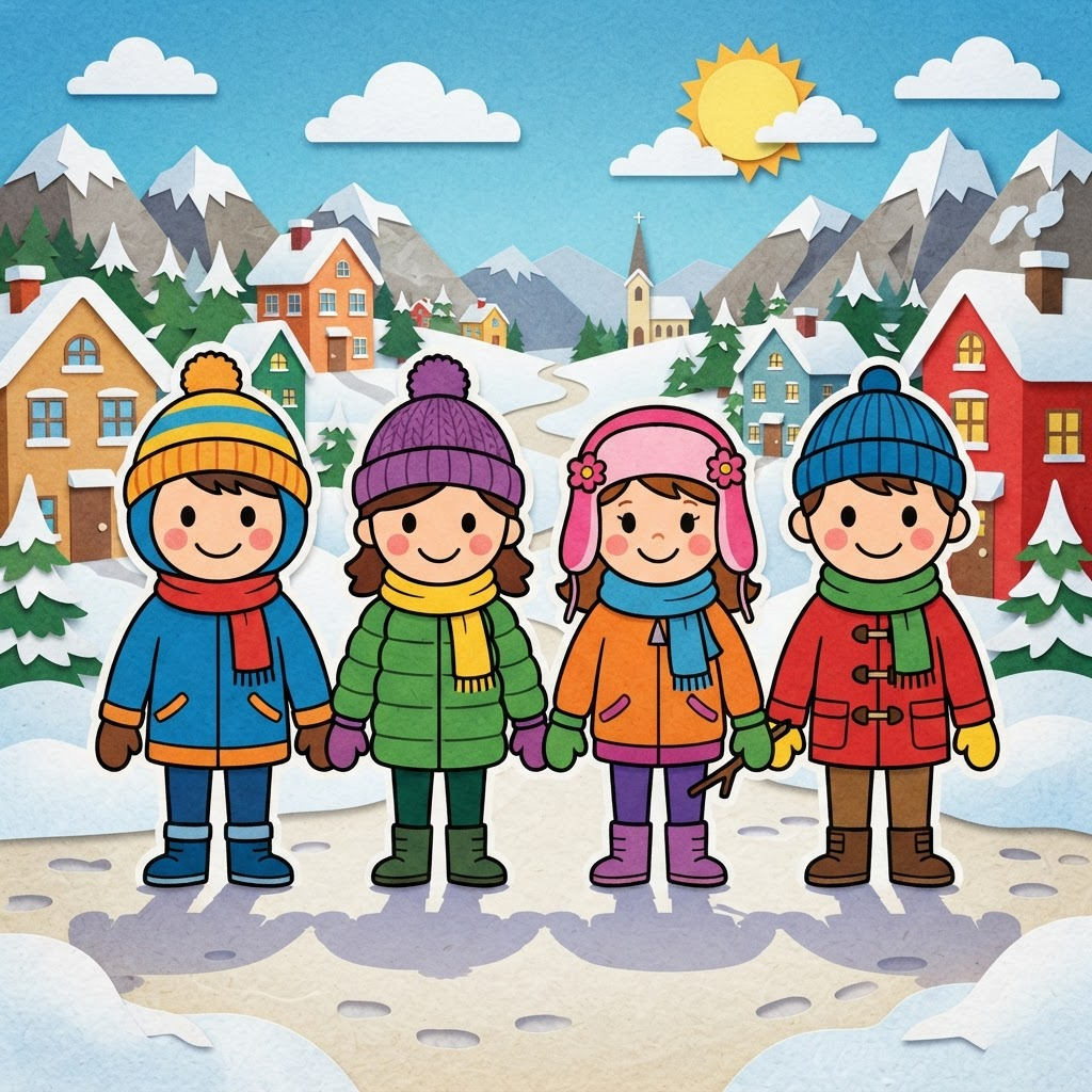 four original cartoon kid characters standing in a row, construction-paper cutout style, simple round heads, big oval eyes, bold black outlines, colorful winter coats and hats, snowy mountain town background, flat vibrant colors, crisp high detail, digital illustration
