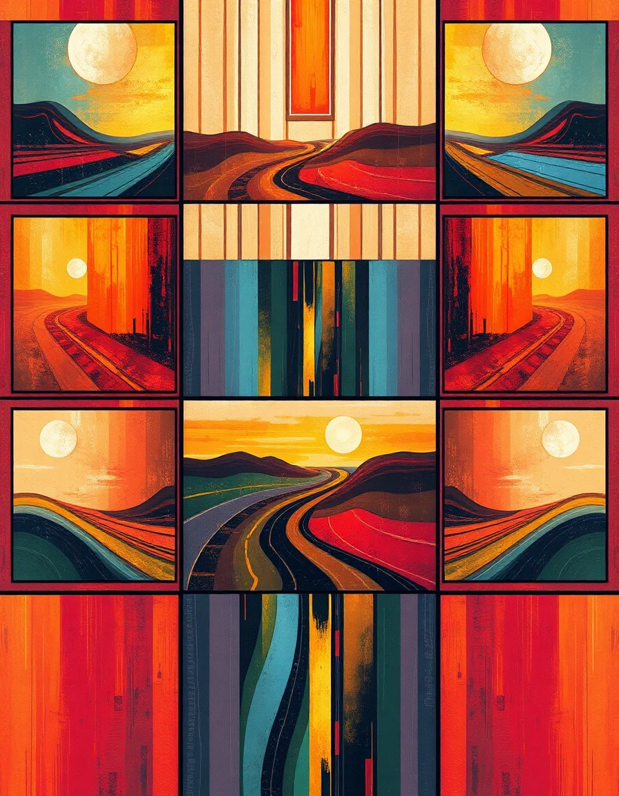 a dynamic geometric mosaic of six compact abstract scenes arranged along a central vertical axis, axial descent composition pulling the gaze upward through stacked panels, bold sweeping lines and pulsating colors cascade down the vertical stack, square heads softened by subtle texture, layered kinetic abstractions create vertical tension and rhythmic motion, warm vibrant palette evokes fluid energy.