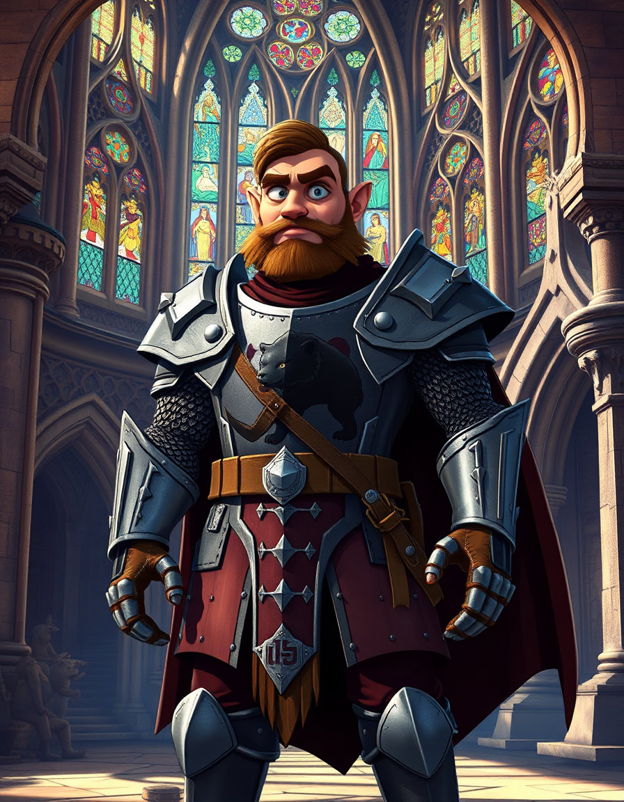 a knight from the seven kingdoms of westeros, clad in armor adorned with the bear sigil of house umber, stands tall with an exaggerated, angular physique, reminiscent of a disney-inspired character, with sharp, expressive eyebrows and hands that convey a sense of dynamic movement, as if he's about to charge into battle, set against a rich, vibrant backdrop of medieval-inspired architecture, with intricate stone carvings and stained glass windows that filter the sunlight, casting a kaleidoscope of colors across the scene, evoking a sense of grandeur and heroism.