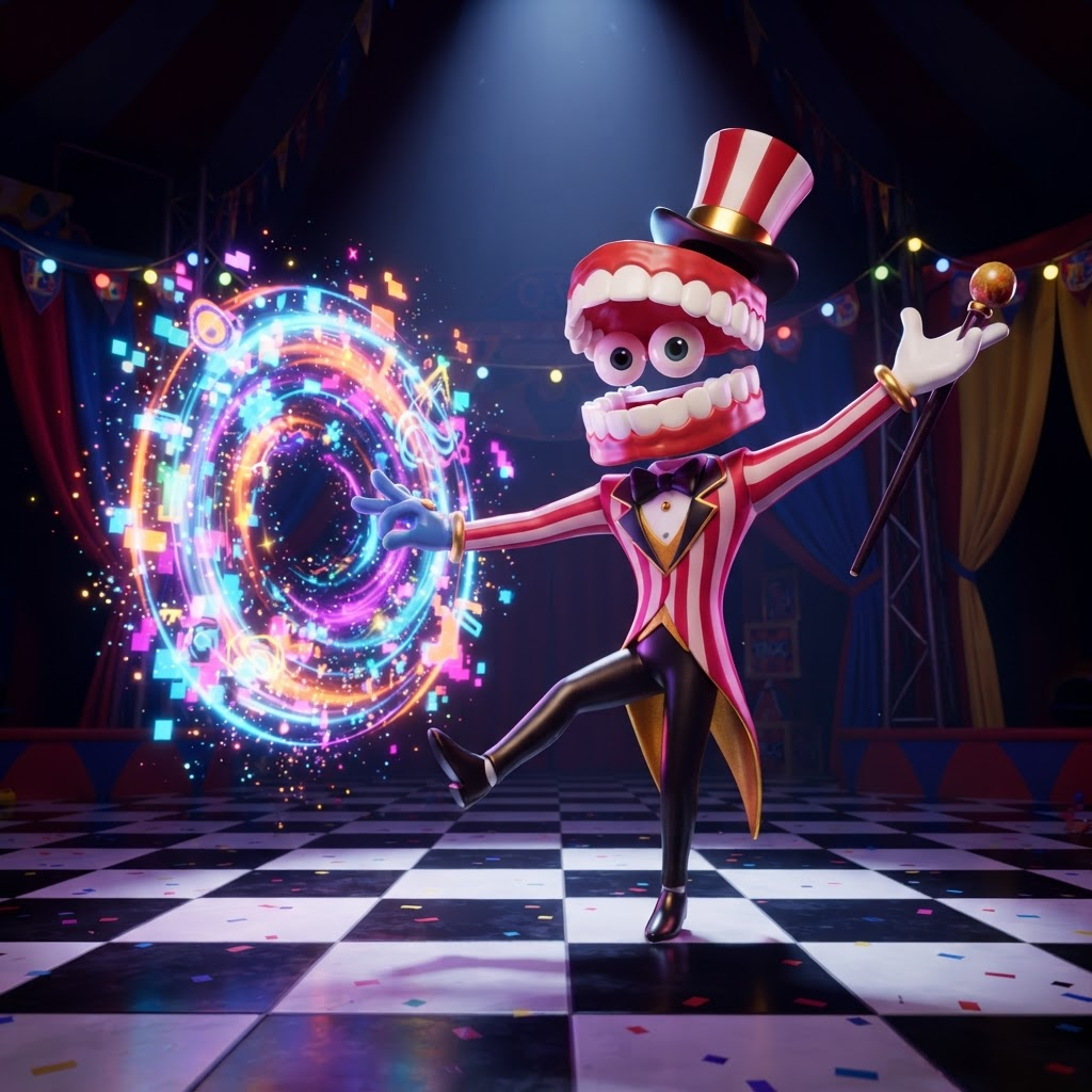Caine conjuring a swirling adventure portal, showman pose