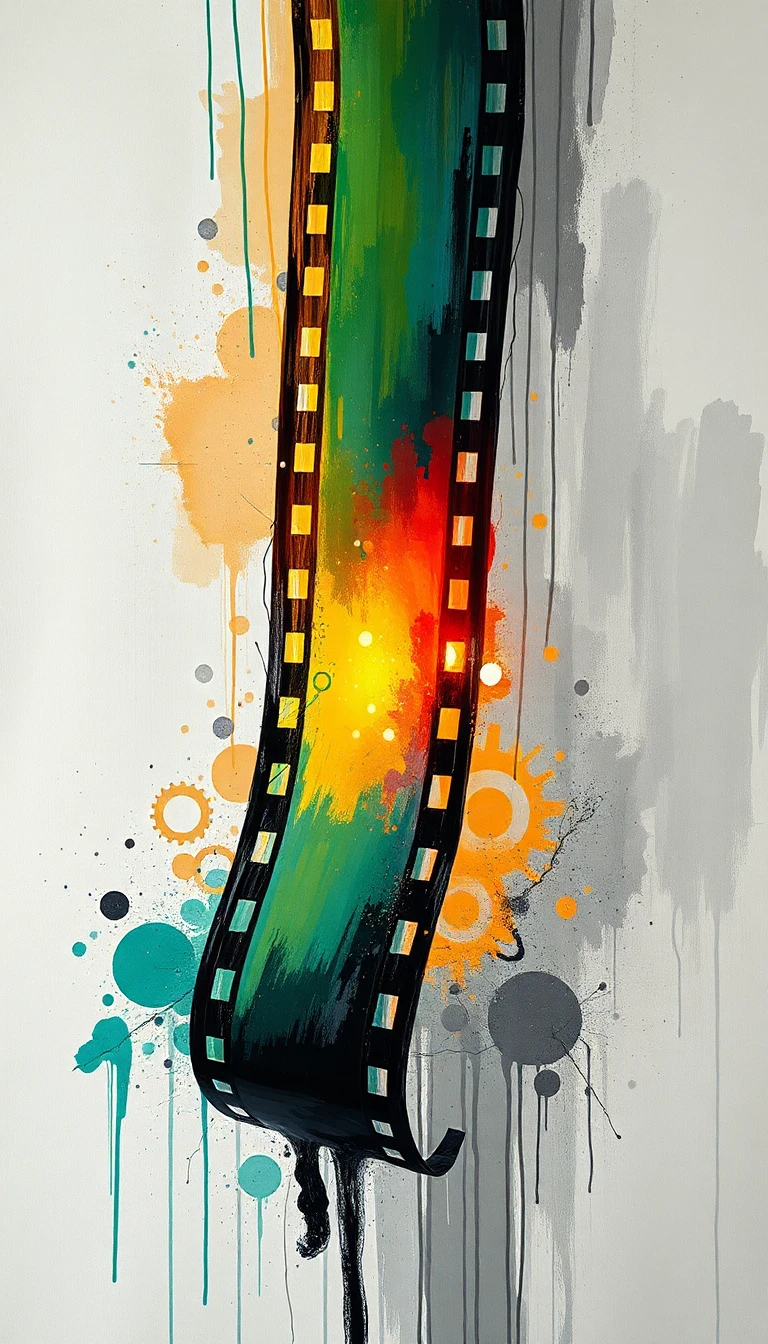 amidst a visually striking film strip motif, suspended vertically like a three-dimensional sculpture, the backdrop is composed of a mesmerizing array of layered and dense brushstrokes, reminiscent of the avant-garde expressionist art movement, with vibrant colors that dance across the canvas. the central section features a colorful, almost ethereal strip that drifts majestically, surrounded by the gentle glow of gear holes, which emit a soft luminescence, evoking an otherworldly ambiance. as the light weaves through these delicate, intricate holes, it casts a subtle sheen on the nearby splices of tape, scratches, and dusty particles, infusing the scene with a nostalgic, retro vibe. the entire composition radiates an aura of creative freedom, as if the paint itself has taken on a life of its own, splattering across the canvas in dynamic, expressive strokes that seem to defy gravity. beneath the surface, a soothing palette of emerald, amber, and charcoal gray tones mingles with textured brushstrokes, imbuing the artwork with a sense of organic, handmade quality, while the glossy highlights on the gear holes retain a sense of radiance, as if lit from within. this captivating, dreamlike scene serves as a poignant representation of the fragmented self, where the boundaries between reality and abstraction blur, leaving the viewer to ponder the beauty and sadness that reside within.