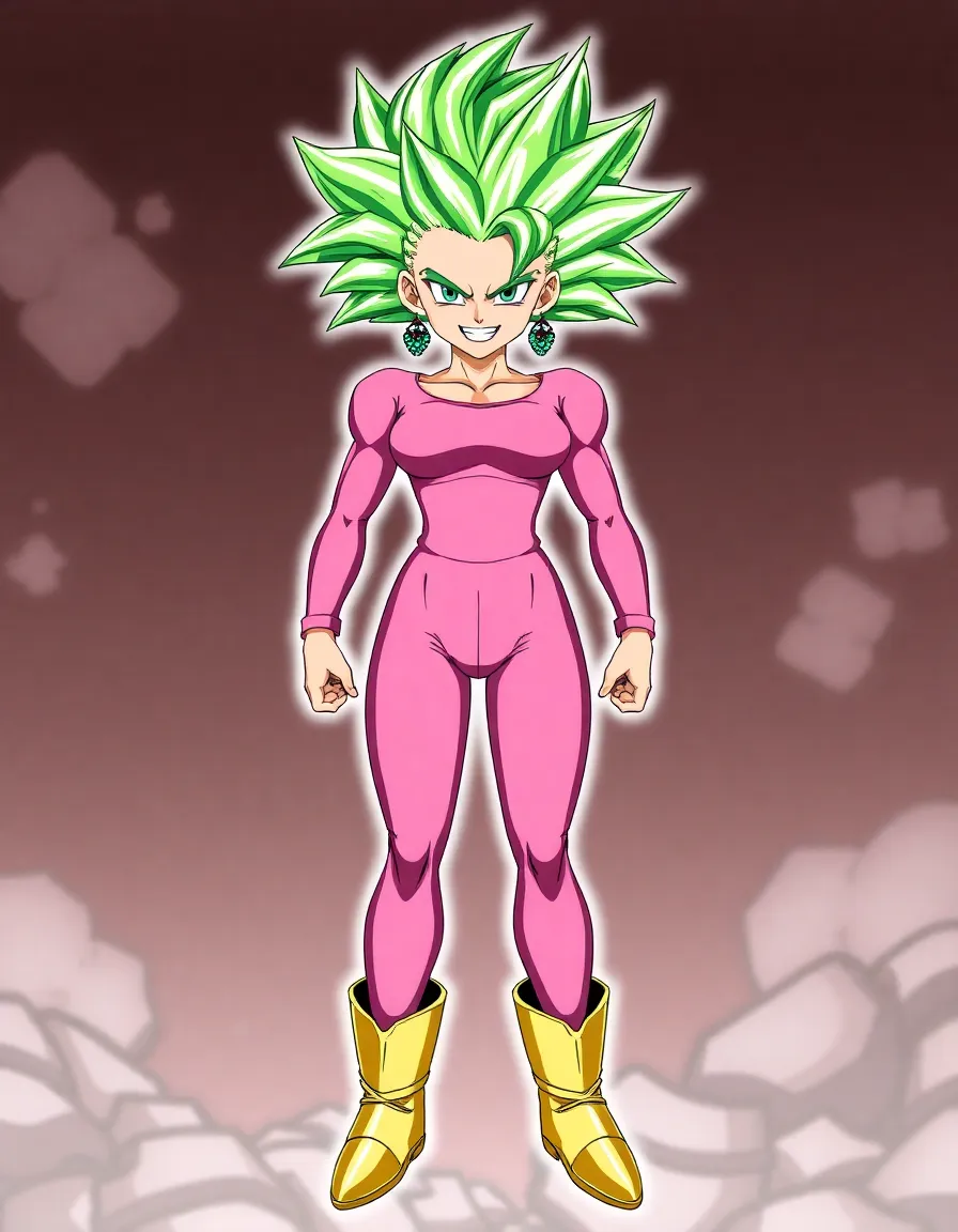 masterpiece, official Dragon Ball Super art style,
**Kefla**, **Potara Fusion form**, **full-body shot**,
**Super Saiyan God Super Saiyan (SSGS) Kefla**, intense power output,
**Vibrant green spiky hair**, two distinct ponytails, facing front,
**Potara earrings** (green color), **fierce grin**, determined expression,
**Outfit:** pink tight top , pink leggins, Golden boots, 
**