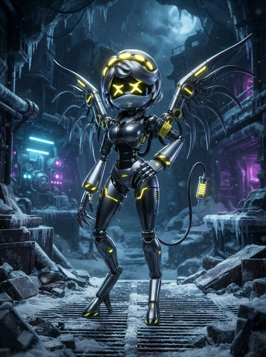 Murder Drones disassembly drone chassis, sleek metallic body, in the style of Murder Drones, glossy 3D cartoon render, sleek robotic character with a glowing screen visor (X or symbol eyes), dark frozen sci-fi colony, vivid neon accents, full-body character portrait, centered, relaxed lively stance