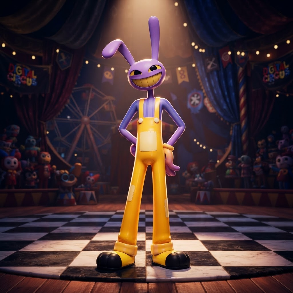 Jax from The Amazing Digital Circus, full-body portrait, glossy 3D circus style