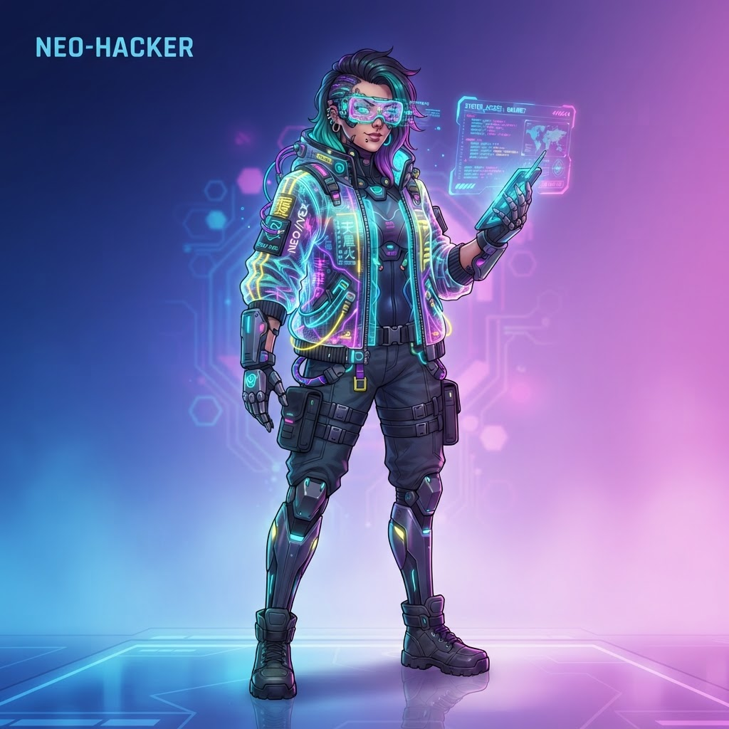 original character, neon cyber hacker with visor goggles and holographic jacket, standing pose, clean soft gradient background, vibrant, crisp high detail, digital illustration