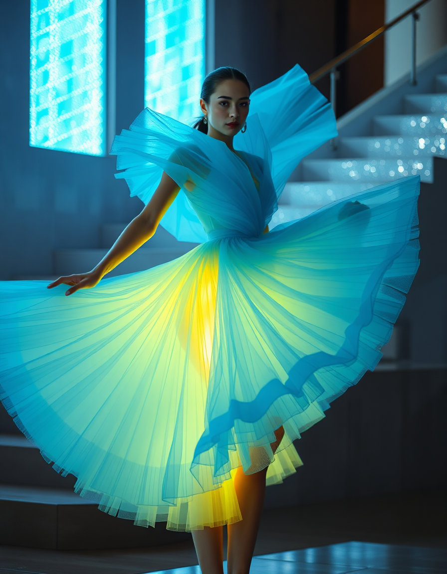 Kodak Vision3 250D — video of a female model wearing sky blue origami‑folded tulle expanding and contracting with movement; neon yellow underskirt flashing rhythmically; holographic staircase lighting shifting in waves. Palette: sky blue, neon yellow, silver shimmer.