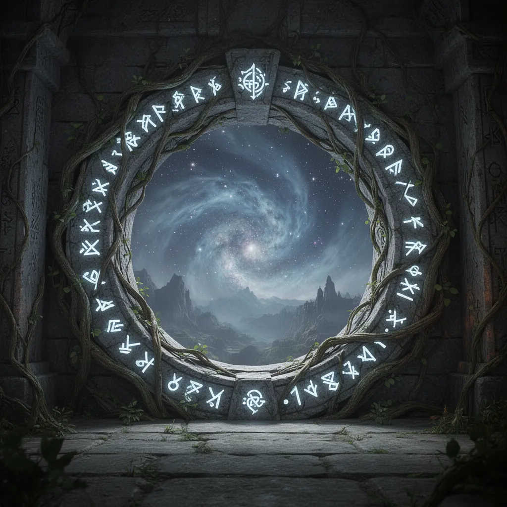in a vast, dimly lit chamber, the dominant focal point is the "portal": an exquisitely crafted, circular gateway elegantly framed by thick, twisted vines that have begun to sprout from the stone, wrapping it in a natural, yet otherworldly aura. carved, ancient stone runes adorn the portal's frame, softly radiating a soothing bluish-white light that casts an ethereal glow on the surrounding environment. the intricate runes appear to be a mix of mystic symbols and arcane script, imbuing the portal with an air of mysticism and ancient, forgotten knowledge.
within the circular portal's center, a mesmerizing, swirling vortex comes into view – an ethereal amalgamation of mist and stars that eerily resembles a liquid night sky. the vortex appears to be in constant motion, as hints of distant, otherworldly landscapes begin to manifest just beneath the swirling surface, alluding to the portal's seemingly limitless access to the cosmos.