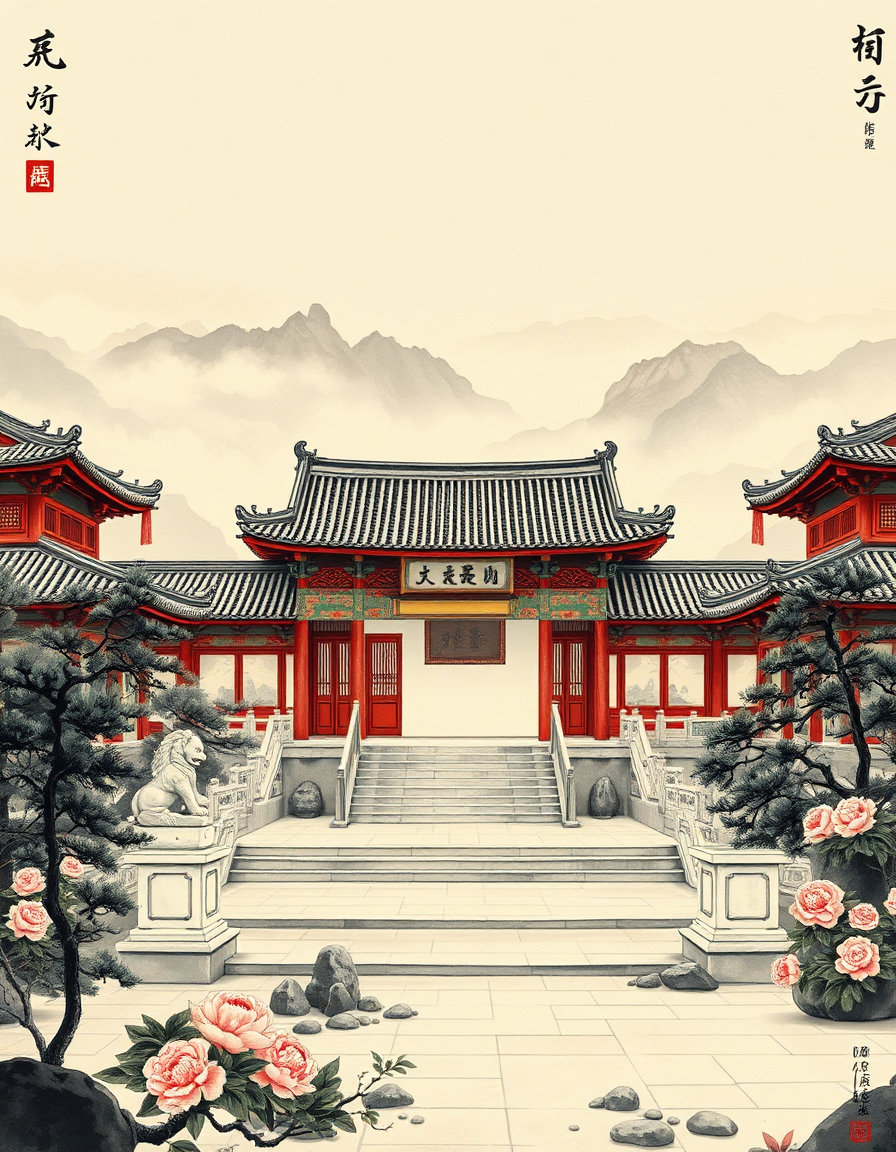 traditional Chinese ink wash painting, A3 vertical composition, panoramic view of a majestic noble mansion, double-eaved hip-and-gable roof, dougong brackets with colorful paintings, white marble steps, tightly closed vermilion doors, a pair of mighty stone lions on each side, neatly arranged hitching posts. Inside the courtyard, ancient pines tower, peonies in full bloom, exquisite Taihu rocks. In the distance, layered mountain ranges shrouded in mist and clouds, symbolizing deep-rooted family heritage. Thick and powerful ink tones, burnt ink for outlines, light ink for mountains, minimal ochre and cinnabar accents. Gongbi-xieyi blend, grand and magnificent, dignified and noble yet retaining ink wash elegance. Suitable for family lineage chart background, genealogy backdrop. --ar 2:3