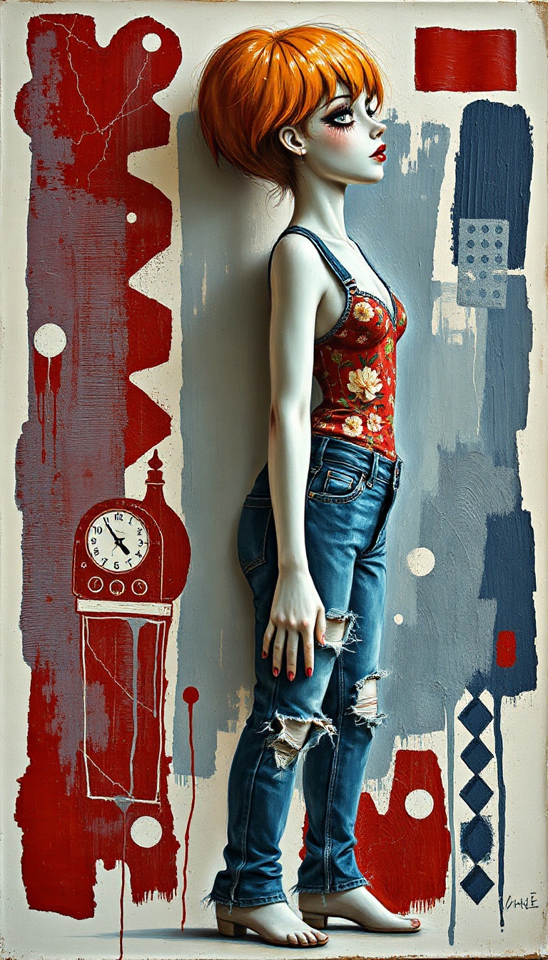 female anthropomorphic figure in three‑quarter profile, right‑aligned against an abstract void, wearing distressed denim jeans and a floral bodice, sharp jawline, heavy eyeliner, red lips, rendered as a sgraffito‑like ceramic surface with bold carved lines and luminous glazed scratches; in stuckist style with raw visible brushstrokes, unblended bold colors, thick impasto paint, unfinished edges, high‑contrast palette and expressionistic distortion, confronting the viewer with emotional intensity.