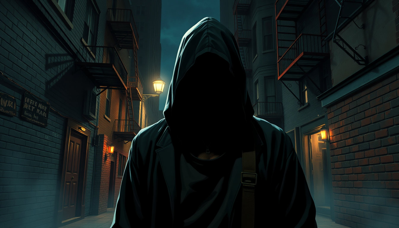 in a dark, mist-shrouded alleyway, a j.c. leyendecker-inspired aesthetic comes alive with vibrant, high-contrast colors and vintage lines that evoke the feeling of an 80s graphic novel. the scene is set under the eerie glow of sodium vapor streetlights, casting long shadows that stretch across the walls like grasping fingers. a digital oil painting style permeates every detail, with hyper-realistic textures and lighting that seem to leap off the canvas. every surface is rendered with meticulous care, from the worn cobblestones to the rusty fire escapes that cling to the buildings like skeletal fingers. in the midst of this atmospheric backdrop, a paintery medium digital painting style brings a sense of handcrafted artistry to the foreground. fine brushwork and layered glazes give the scene a sense of depth and history, while natural texture imbues every surface with a tactile quality. matte-painting sensibilities bring the backgrounds to life, while concept-art quality refinement renders the characters in stunning detail. at the center of this haunting tableau, a faceless man stands like a specter, his features obscured by a tattered black hood. his presence is unsettling, his very existence a whispered rumor in the darkness. his eyes, if he has any, are shrouded in shadow, making him a mysterious and foreboding figure that seems to embody the very essence of the city's darkest secrets.