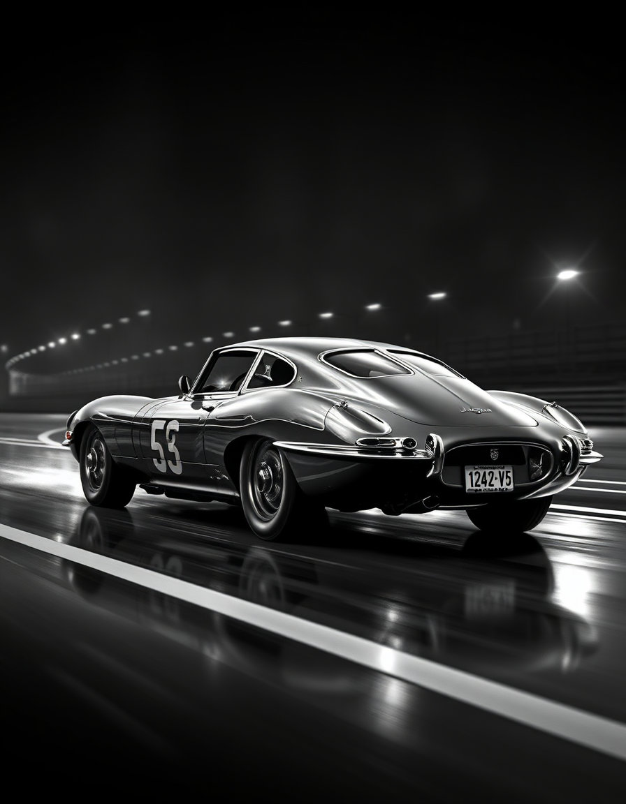 futurism art style: masterpiece, best_quality, highly_detailed, intricate_design, realistic_materials, professional_design, sharp_focus, atmospheric, moody, cinematic_lighting, digital_painting, 3d_render, concept_art, product_design, illustration, photorealistic, cinematic, moody_lighting, studio_lighting, cassette_futurism, retrofuturism, 70s_futurism, 80s_futurism, analog_futurism, lo-fi_tech, vintage_futurism, cyberpunk, retro_wave, synth_wave, soviet_wave, atompunk, raypunk_gothic, brutalism, vhs_glitch, glitch. a stark black‑and‑white photograph captures a vintage jaguar e‑type racing on a smooth, high‑gloss race track. the sleek, aerodynamic bodywork glistens with reflective metal sheen, highlighted by dramatic chiaroscuro lighting that emphasizes every curve and edge. the car proudly displays the racing number “53” in bold, vintage typography on its side, while the license plate reads “1242‑w‑75” in classic font. the composition is framed with cinematic, moody lighting and studio‑grade sharp focus, rendering the scene with photorealistic texture, crisp line work, and atmospheric depth, evoking the nostalgic energy of retro‑futuristic speed.