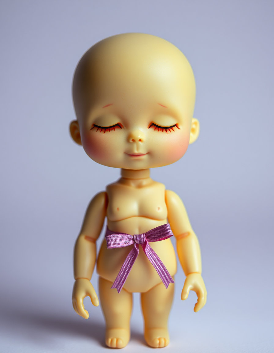 human doll figurine in a neutral studio split‑reality scene, ugly, matte plastic finish, tiny yellow chibi proportions, closed eyes, subtle smile, decorative ribbon at waist, ink‑etched minimal horror style with extreme negative space and surgical linework, quiet unsettling atmosphere, medium close‑up, deep depth of field, warm orange, soft pink, dusky purple, deep indigo palette.