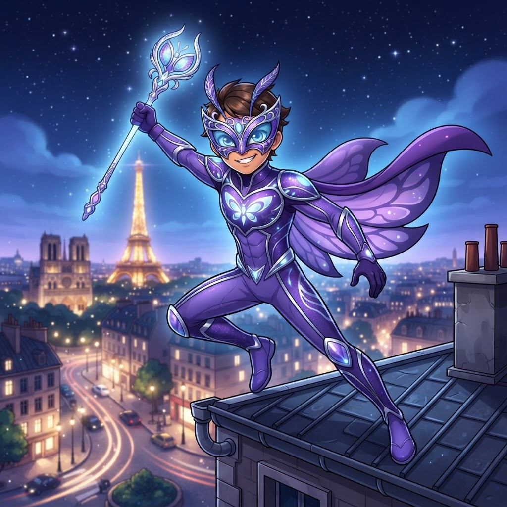 a 2d cartoon superhero boy original character in a purple and silver moth themed mask and suit with a staff, french animated series art style