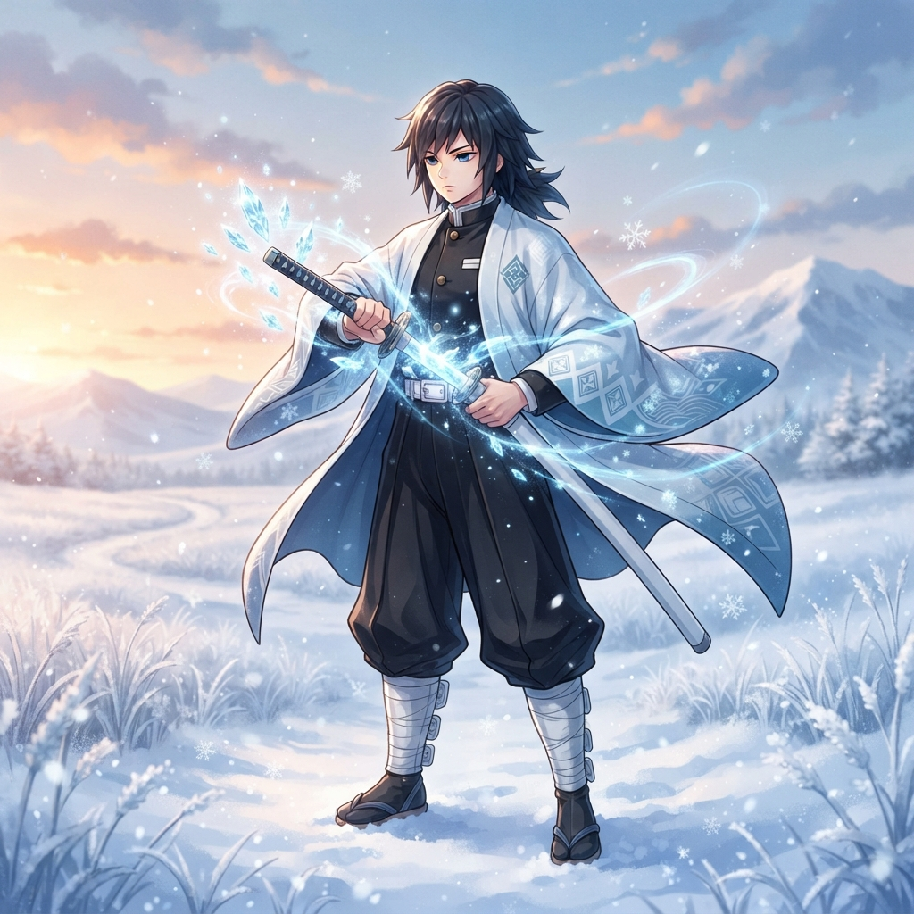 anime young swordsman in a dark uniform with a snow-white haori with pale blue crest pattern, glowing ice crystal effects around the katana, calm stance, snowy field at dawn, full body