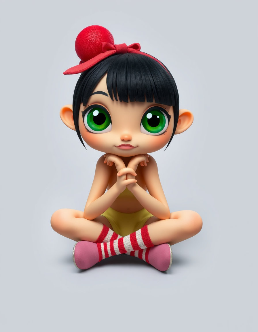 **Identity / Type:** Anthropomorphic character, stylized female child, bipedal figure, cartoonish proportions, exaggerated features
**Pose & Gesture:** Seated cross-legged, hands clasped under chin, elbows resting on knees, static frontal orientation, symmetrical composition
**Distinctive Features:** Exaggerated large green eyes, prominent red spherical nose, wide smiling mouth, voluminous spiky red hair, polka-dotted blue bow accessory, rosy cheeks, simplified facial structure
**Clothing or Equipment:** Multi-colored striped long-sleeve shirt, purple pants, red-and-white striped socks, pink shoes, no visible accessories beyond hair bow
**Scale & Proportion:** Stylized proportions with oversized head relative to body, elongated limbs, foreshortened perspective, exaggerated facial features for expressive effect
**Orientation:** Three-quarter view, slight tilt of head, symmetrical pose, centered within frame
**Spatial Relationship to Frame:** Central placement, shallow depth of field, foreground focus, background elements blurred, clear separation between subject and environment