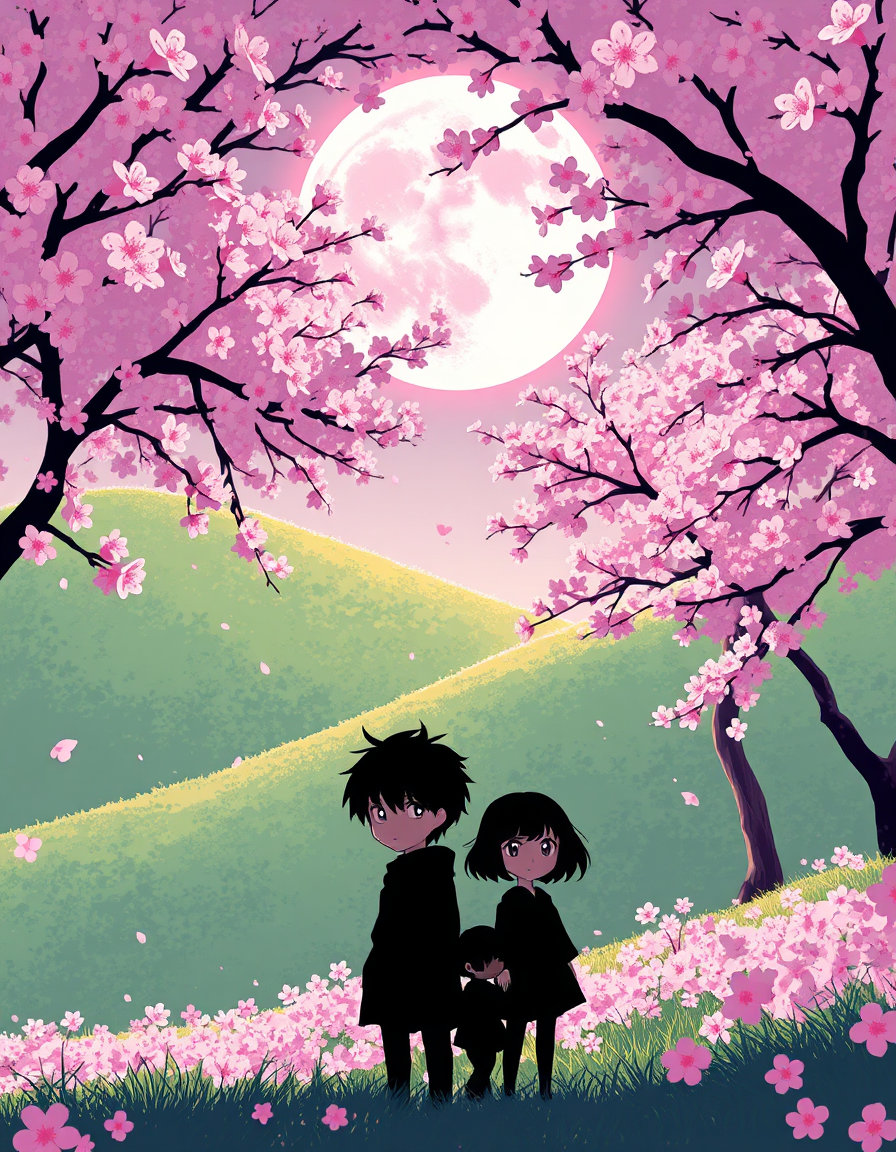a fantastical anime scene unfolds under the vibrant glow of a pink moon, its full face visible through gaps in the verdant foliage of densely packed cherry trees, their delicate blossoms swaying gently in the soft breeze that rustles the branches. the stylized branches of the trees, adorned with an explosion of cherry blossoms in soft pink, tender white, and delicate lavender hues, stretch upward from the gentle slope of a lush, emerald green hillside.
in the foreground, a select few characters stand out in bold relief against the pastel hued background, their stylized facial expressions conveying a range of emotions amidst the gentle, ethereal ambiance. their animated eyes, glowing with intricate layering and subtle chromatic edging, appear almost magical as they bask in the enchanting radiance of the pink moon. the silhouettes of the characters are defined by a soft, high-contrast light, accentuating their forms as they move in synchronization with the rustling leaves. the overall scene is characterized by the disciplined use of bold linework, controlled chromatic harmonies, and simplified yet expressive facial geometry, creating a captivating and cinematic stylization that immerses the viewer in a world of dreamlike beauty.