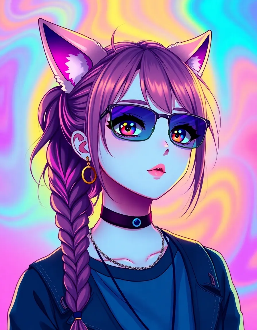 Anime girl portrait, kemonomimi [animal ears], psychedelic swirling background, vibrant rainbow gradient colors (purple, pink, orange, yellow, blue), detailed accessories (sunglasses, choker, necklaces, jewelry), stylized anime eyes with gradient colors, braided hair or long flowing hair, urban streetwear fashion, front facing portrait, soft lighting, digital art, high detail, colorful swirls and patterns in background