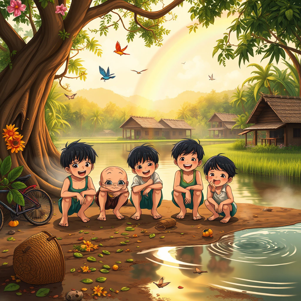 in a picturesque rural village, four joyful children playfully gather on a riverbank, surrounded by the vibrant colors of a tropical landscape bathed in the warm, golden light of late afternoon. the air is filled with the sweet scent of blooming flowers and the soft songs of tropical birds, as they fly overhead or perch on the branches of a towering banyan tree, its roots stretching towards the water like giant tentacles. the children's faces are filled with radiant smiles, their dark hair messy and their simple clothing splattered with mud, evidence of their joyful play. the atmosphere is tranquil, with a gentle mist hovering over the scene, reflecting the beauty of nature.
the children are crouching and kneeling, laughing and smiling as they gather scattered fruit, leaves, and water-weeds from the ground. in the foreground, a woven basket and a bicycle lie abandoned, testifying to the children's carefree and adventurous nature. the water in the river is calm and peaceful, reflecting the beauty of the surrounding landscape, with gentle ripples disturbing its otherwise glassy surface.
in the background, a row of traditional thatched-roof huts stands against the backdrop of a lush jungle, while the distant hills are covered in a tapestry of emerald green rice paddies, swaying gently in the breeze. a rainbow stretches across the sky, its vibrant colors creating a mesmerizing spectacle of natural beauty.
the composition is balanced, with the children's central cluster creating a focal point, while the surrounding elements guide the viewer's eye to explore the scene. the soft, diffused light casts gentle highlights on the children's faces, while the warm golden hour tones create an idyllic atmosphere of peace and tranquility. the overall aesthetic is grounded in the disciplined use of bold linework, controlled chromatic harmonies, and simplified yet expressive facial geometry, typical of anime style.