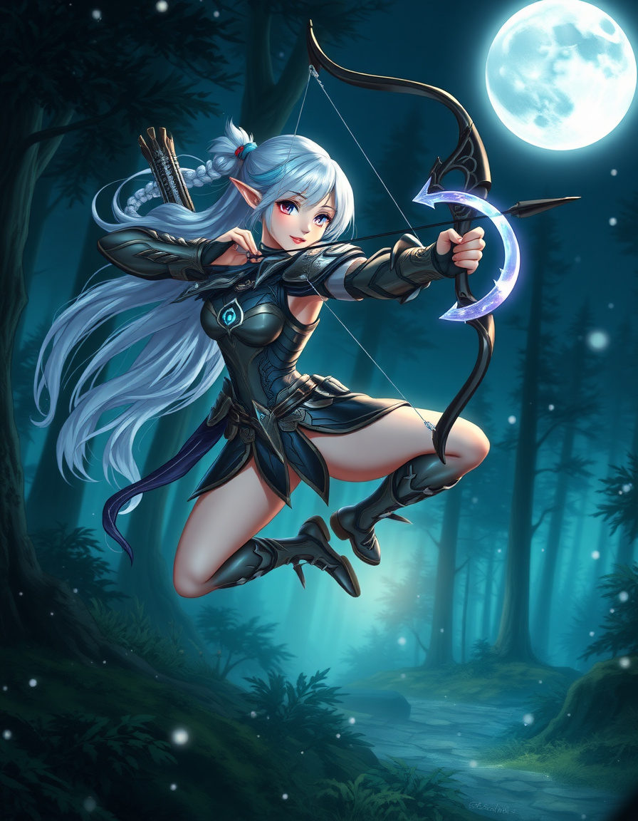 A female elf archer inspired by a moonlight warrior concept, leaping through a mystical forest under a full moon, silver hair with cyan tips in a side braid, wearing sleek fantasy armor with glowing moon symbols, drawing a magical crescent-shaped bow, dynamic action pose, anime-fantasy style, highly detailed digital painting, cinematic lighting, soft magical glow, ethereal particles swirling around, has head