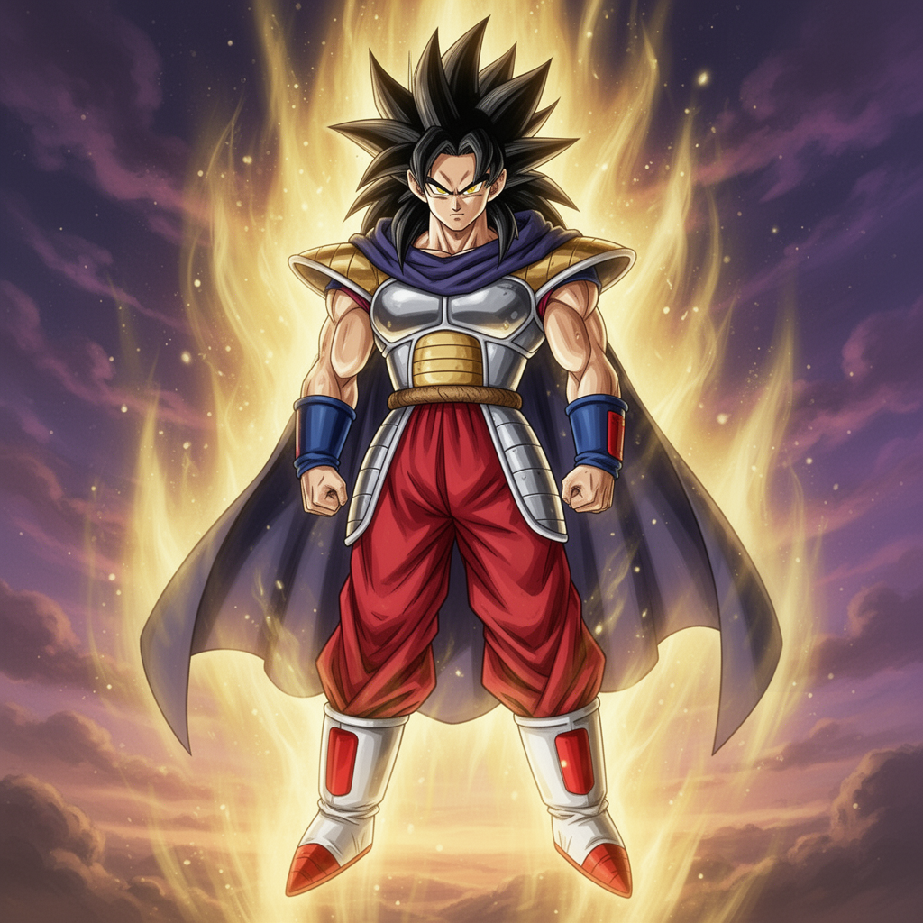 Male,Dragon Ball Z,tall,athletic,fair skin,golden eyes,spiky hair,long hair,black hair,wrist guard,arm cuff,hooded cloak, sliver armor,red pants,red and white Saiyan boots,Benji,LSSJ,stoic,confident,focused,LSSJ Aura,saiyan,super saiyan,legendary super saiyan,anime,manga,fighter,warrior,power,energy,aura