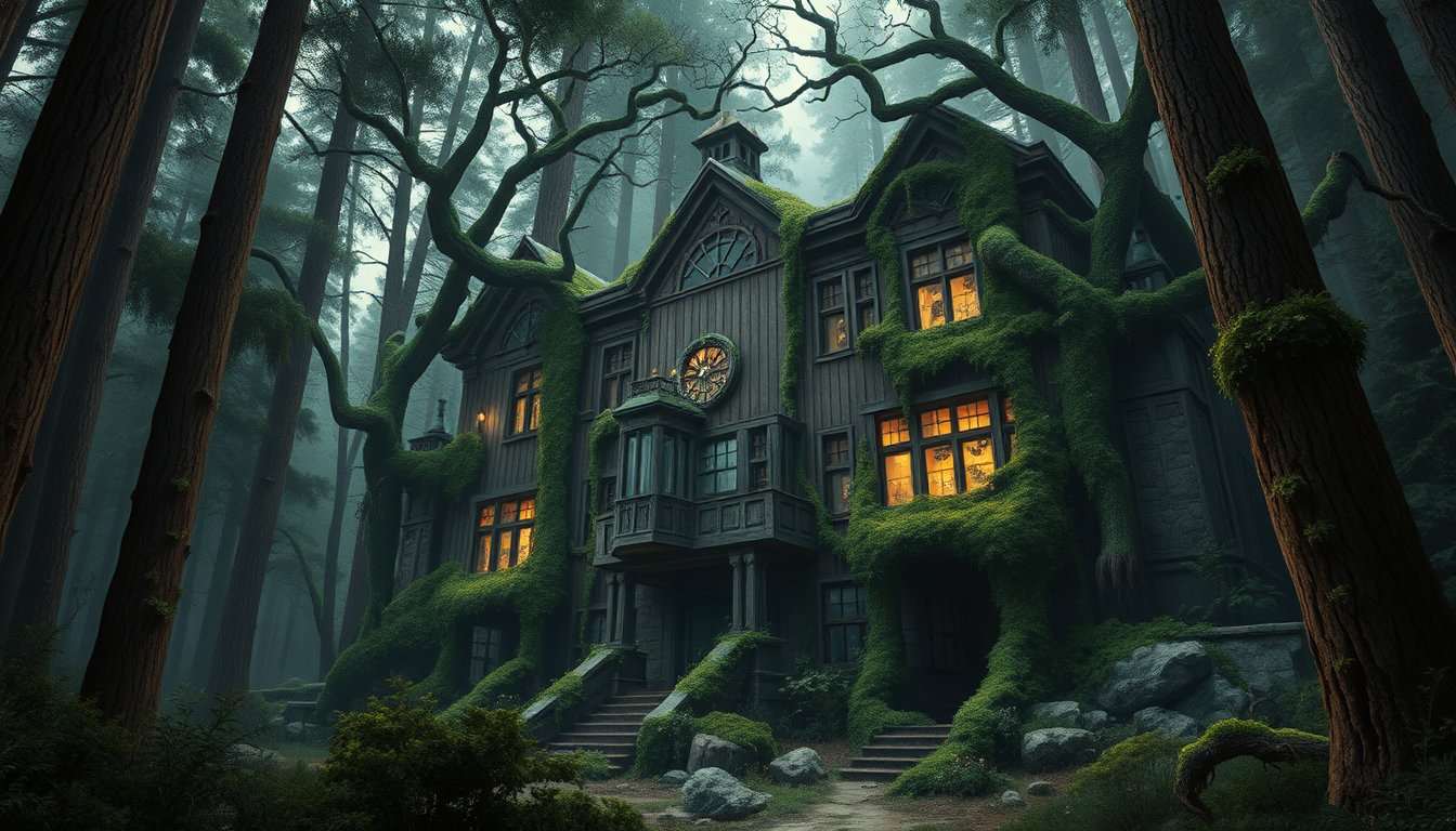 a setting inspired by a scary vibe, transporting us to a foreboding atmosphere reminiscent of eerie night terrors. the scene begins in a dense pine forest, with towering trees that stretch high above to form a cathedral-like ceiling. thick trunks and twisted branches loom in the gloom, adorned with lush green moss and gnarled roots that seem to reach out like skeletal fingers. at the heart of this eerie landscape, a creepy research facility sprawls before us. its walls are constructed from weathered wood and crumbling stone, with iron accents that gleam like cold, dead eyes in the flickering moonlight. shattered windows glint with sharp glass shards, while overgrown vegetation wraps around columns and arches like a straitjacket. the structure's architecture is rendered in a style inspired by the vibrant, vintage lines of j.c. leyendecker's art, with hard-cel shading and high contrast colors that evoke the atmosphere of an 80s graphic novel. intricate details abound, from the ornate metalwork to the intricate carvings that adorn the facade. as we draw closer, the facility's walls seem to shift and writhe like a living thing, as if the very trees themselves are wrapping around it in a macabre, organic embrace. here, digital oil painting techniques are employed to evoke a hyper-realistic, near-photorealistic quality. brushstrokes dance across the canvas with a life of their own, imbuing the scene with a sense of dynamic tension. meanwhile, the surrounding forest takes on a sense of eerie, primeval beauty, as if it's been imbued with a life of its own. the paintery medium of digital painting with a handcrafted, painterly finish is palpable in the subtle textures and brushstrokes that bring this world to life. we see the subtlest hints of fine brushwork, layered glazes, and natural texture, all combined to create an immersive experience that transports us to a realm both familiar and yet, utterly alien.
