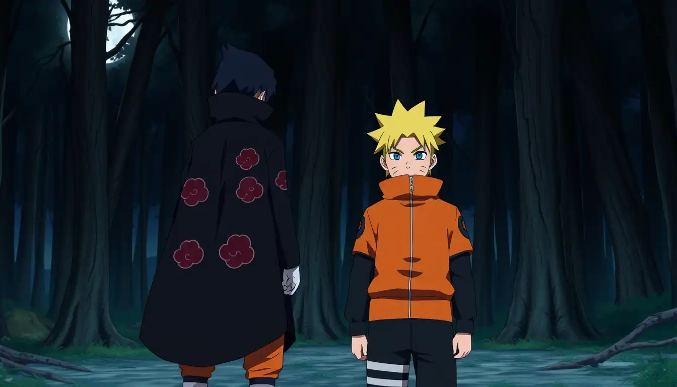 Anime style, cinematic scene in a dark forest at night. Naruto Uzumaki (orange-black outfit, determined face, blue eyes, blond spiky hair) standing ready. Across from him stands Itachi Uchiha (black Akatsuki cloak with red clouds, glowing red Sharingan eyes, calm expression). Tense atmosphere, moonlight shining through trees, dramatic shadows, anime lighting.