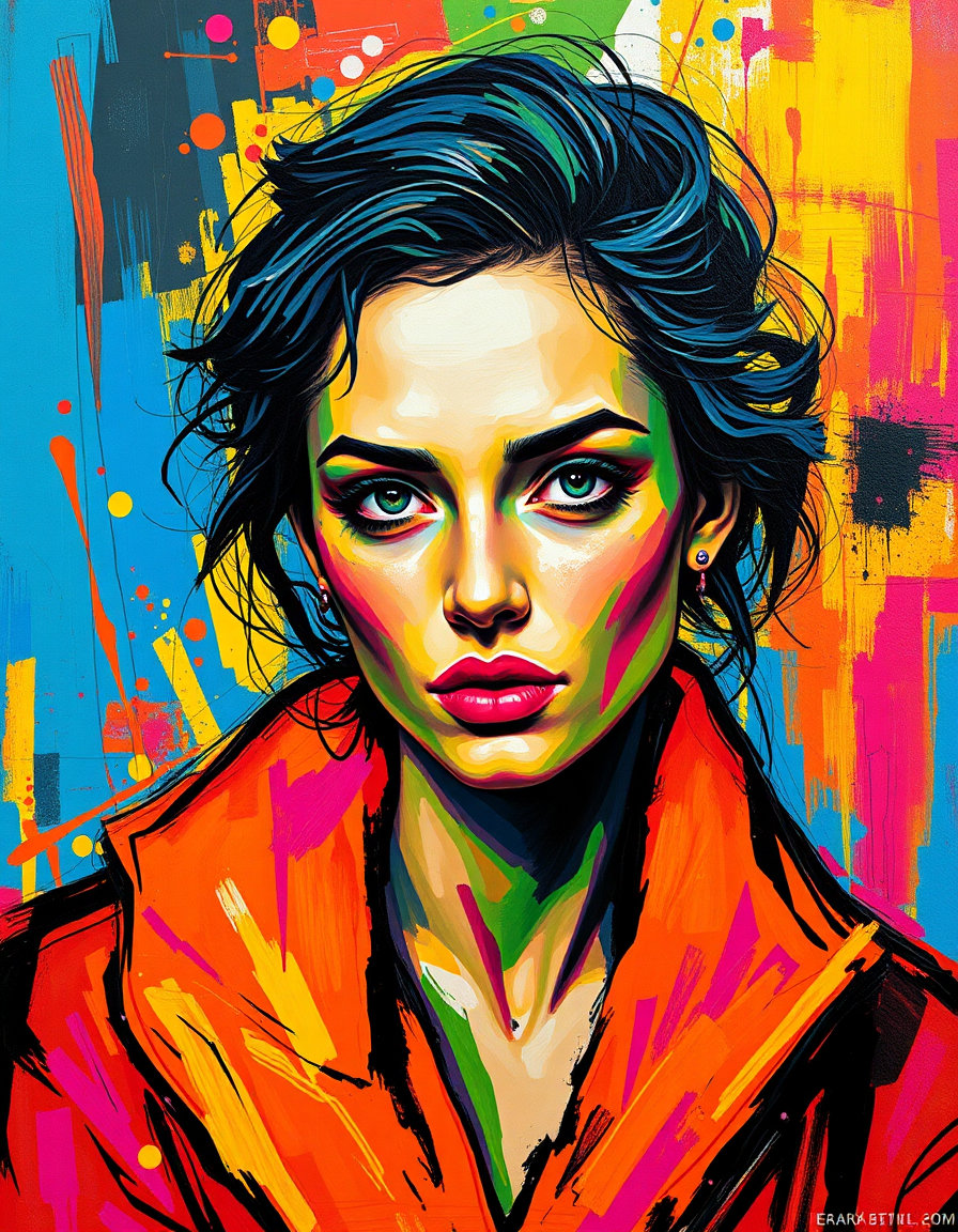 a female character portrait, set against a kaleidoscope of candy-hued colors: electric blues, sunshine yellows, and fiery oranges, where light areas are rendered as deep blacks, and the overall palette is so vibrant it seems to pulse with energy, now transformed with the frenetic, expressionist brushstrokes and jagged contours of die brücke, thick dark outlines slicing through the chaos, clashing acid greens and hot pinks swirling around the subject, rough impasto texture and aggressive brushwork imbuing the image with a sense of visceral chromatic urgency, reimagined in the fragmented, collage-like style of pablo picasso, with geometric shapes and thin, precise lines intersecting and overlapping to create a dynamic, cubist-inspired patchwork of color and form, where the subject's face and body are broken down into abstracted, interlocking pieces, and the overall composition is a vibrant, kinetic celebration of color and texture.