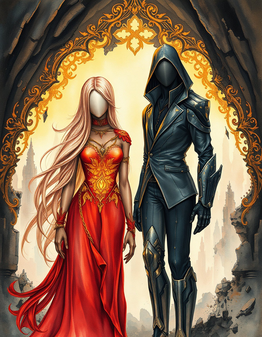 two faceless figures—a glowing female with long silky hair and an angular male—standing in a crumbling futuristic cityscape, baroque excess mood with dense gilded filigree, dramatic directional lighting, warm golden highlights and deep abyssal shadows, crimson, gold, umber, obsidian palette, botanical scientific illustration watercolor on cream paper, fine graphite outlines, elegant educational aesthetic, crimson gold umber obsidian palette