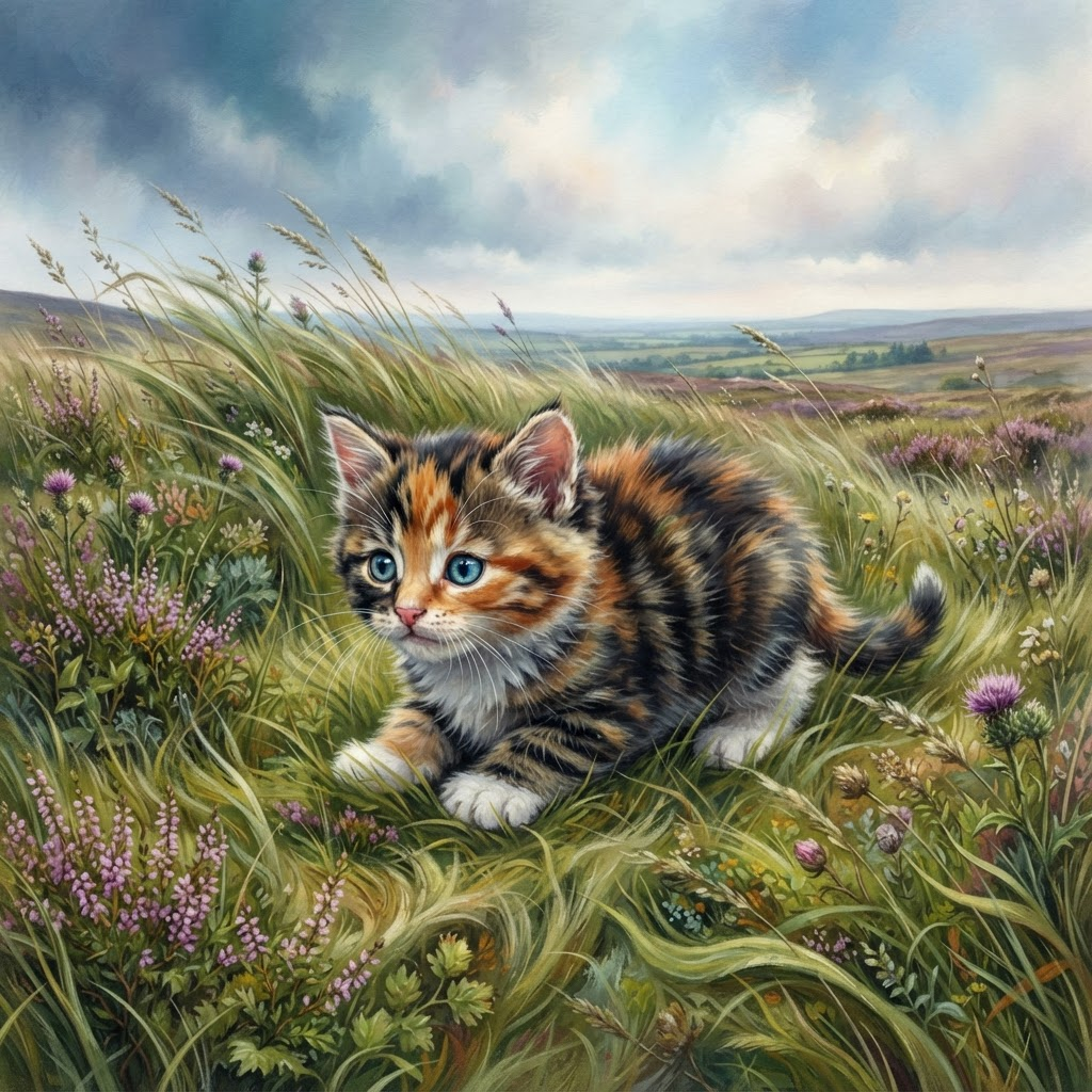 realistic small calico kitten with wide blue eyes, crouched playfully in tall grass on an open windy moor, soft painterly book illustration, full body