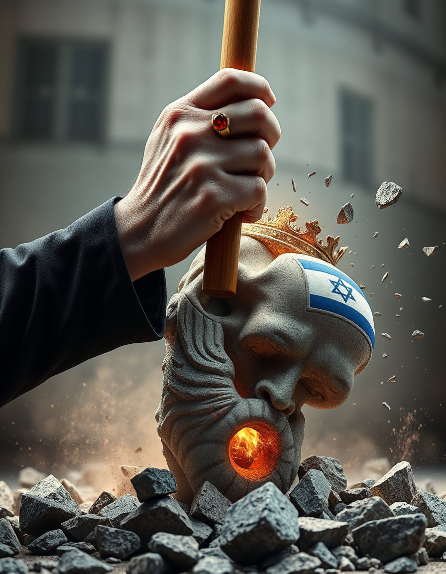 Ultra realistic cinematic 3D artwork of a sacred and noble elder’s single hand emerging from a simple black aba sleeve. The hand looks refined, powerful, spiritual, and majestic, wearing a red Aqeeq gemstone ring on one finger. The elder is tightly gripping a wooden staff (asa) and forcefully striking the head of the uploaded Baal idol image.
Usesame to same the uploaded Baal idol image as the exact reference for the idol’s appearance, facial structure, crown, stone texture, and overall design. The Baal idol must closely match the uploaded reference image in every important visual detail.
The impact is dramatic — the stone head of the Baal idol is shattering violently, with broken rocks and debris exploding and falling to the ground. On the fallen stone fragments, the flags of the United States and Israel are clearly painted. Dust, flying stone particles, cracks, and cinematic motion effects create an epic destruction scene.
Only the elder’s hand and part of the black sleeve should be visible — no face or full body. The atmosphere should feel divine, powerful, symbolic, and intense. Volumetric lighting, realistic textures, dramatic shadows, ultra detailed stone destruction, cinematic depth of field, epic spiritual mood, highly detailed 3D render, Unreal Engine style, masterpiece quality, 9:16 aspect ratio.