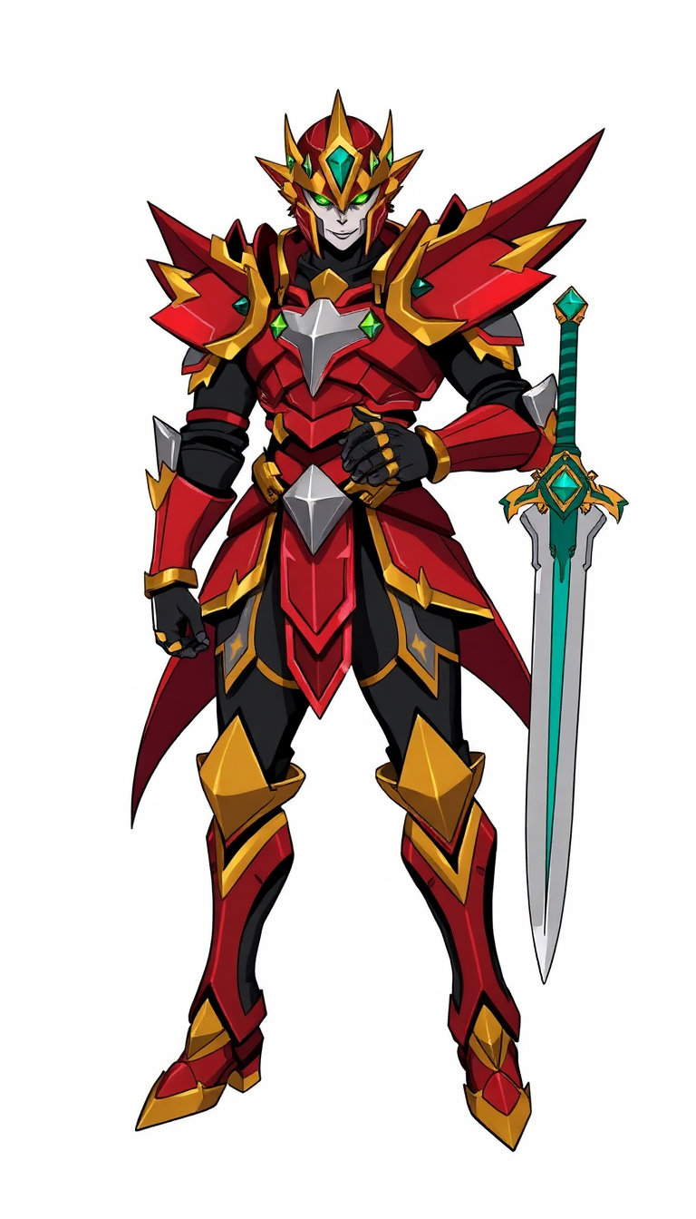 The image is a clean, stylized character illustration on a plain white background. The character is depicted in a full-body, slightly angled pose, shown from head to boots, with arms positioned as if one hand is near the chest and the other is holding or readying a long weapon. The character wears ornate, fantasy-style armor with angular, layered plates. The dominant colors are red and gold, with black and dark accents throughout. There are green decorative details—small gem-like shapes and highlights—embedded in several parts of the armor, including shoulder and torso areas. The character’s helmet and headpiece are elaborate, featuring sharp, crown-like protrusions and a prominent central faceplate that looks metallic and segmented, in light gray/silver tones. The armor includes a red-and-gold chest assembly with additional layered panels and accents around the neck and collar. The shoulders and upper arms feature thick, wing-like or shield-like structures with gold trim. The forearms and hands appear armored with segmented styling. The legs are similarly armored with red and gold panels, dark underlayers, and small green details near the knee/upper calf area. Foot armor is pointed and angular, colored mostly in gold with red and dark accents. A large, single-edged sword or long blade extends from the character’s right side toward the right edge of the image. The blade is pale gray with a teal-green accent line running along parts of its length, and the hilt area includes green and gold components with angular guard details. Overall, the art style is colorful and highly detailed, with sharp geometric shapes and decorative motifs, and no text or other objects appear besides the character and the weapon. 9:16 aspect ratio