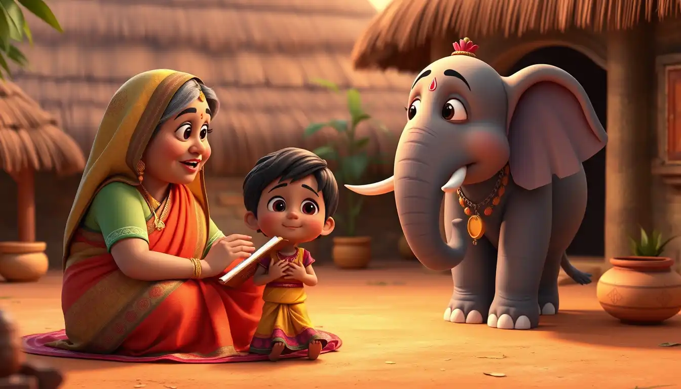 Dadi Amma character explaining story
Mohans character Gudiyas character listening
Neelu the elephant character standing peacefully
warm emotional scene
3D animated cartoon style
Pixar inspired but original
soft lighting
rounded shapes
child friendly
bright colors
high quality 3D render
cinematic camera
consistent character design
Indian village environment
no text
no watermark
