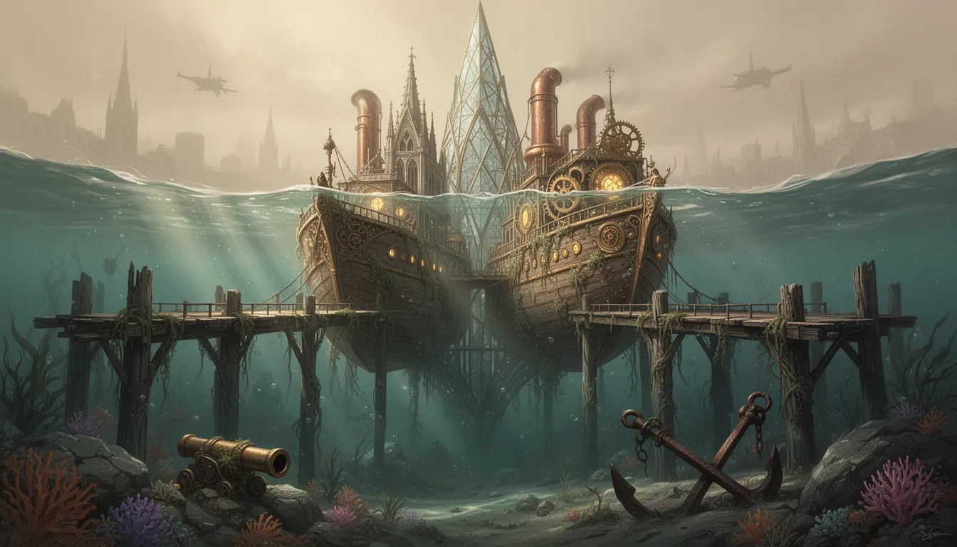 in a majestic and weathered steampunk cathedral-ship settlement, we see a fusion of industrial ingenuity and fantasy architecture, where polished brass gears and copper pipes blend with elegant gothic spires, against a backdrop of a hazy above-water skyline and a murky underwater realm. the monumental structure, comprised of two joined wooden ship hulls, stands proudly at the center, its wooden surface heavily encrusted with barnacles, tangled seaweed, and oxidized brass fittings. two massive, interconnected rotting wooden piers stretch into the dark, mysterious depths, their thick support posts like colossal pillars disappearing into the unknown. a sweeping glass and iron crystalline spire rises dramatically from the vessel, its peak piercing through the surface of the water and into a dusty beige sky, alongside giant copper exhaust pipes, intricately interlocking brass gears, and glowing portholes that shine with a warm, golden light. diffused sunlight filters down from the hazy atmosphere above, casting a warm glow across the weathered wooden decks and platforms that stretch outward from the vessel, while volumetric god rays shimmer through the teal-green water below, illuminating drifting kelp, particulate matter, and clusters of vibrant coral that paint the ocean floor in shades of muted purple, orange, and pink. distant, soft silhouettes of additional spires and flying vessels fade away into the misty horizon above, their outlines softened by the haze of the atmosphere, and beneath the surface, an antique bronze cannon rests among rocks, overgrown with lush sea flora, while a massive, rusted iron anchor lies half-buried in the silt, the result of some long-forgotten adventure. weaving it all together is a masterful blend of industrial textures - worn wood grain, pitted metal, and subsurface light scattering through the water - presented in a cinematic, semi-realistic concept art style that would make masters like greg rutkowski and ian mcque proud. the color palette of this magnificent vista is a treasure trove of warm and cool tones, from the warm sepia and desaturated cream of the sky to the rich copper and burnt sienna of the mechanical elements, against a backdrop of cool aquamarine and deep turquoise shadows underwater, inviting us to explore the secrets that lie within this fantastical steampunk world.