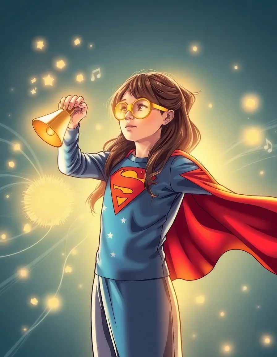 Girl transforming into superhero with sound-wave powers, bell in hand glowing gold, musical energy rings, magical comic transformation.”
