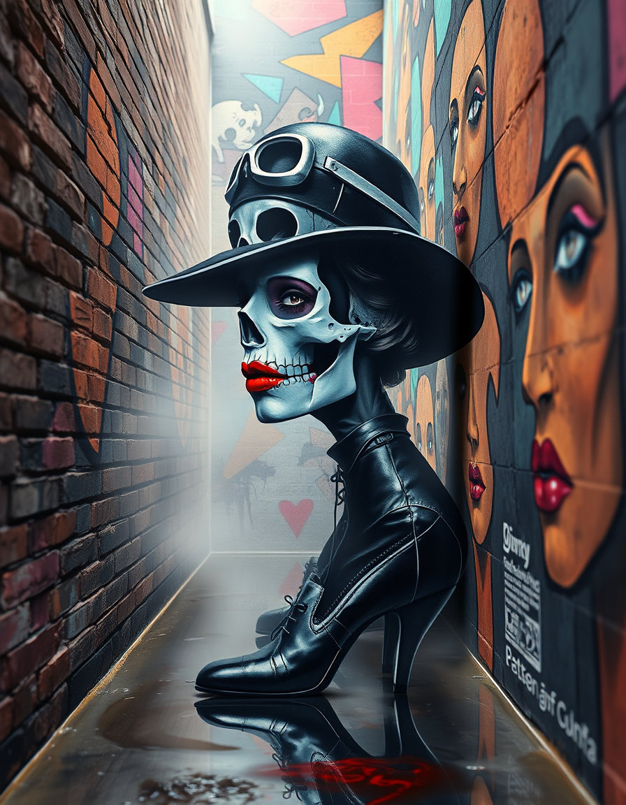 une femme élégante en chapeau skull gothique de cuir noir, bottines courtes à motif skull, entourée de gargouilles sur un fond sombre, dreamlike stillness, couleurs pastel douces, brume légère, contours flous, atmosphère sereine et surréaliste, lumière filtrée par une légère brume, mouvement lent et silencieux.A narrow urban alley becomes a cubist mural that breathes. Every brick is a fragment of color — magenta eyes, teal lips, shards of orange faces — exploding into abstraction. Spray cans hiss like jazz notes. The air smells of paint, ozone, and rebellion. Faces twist across the wall, both broken and unified, telling a thousand stories at once. In the puddles below, reflections fracture again, like Picasso himself tagging reality with chaos. The style merges 1930s cubism with 1990s street graffiti, neon light reflecting off wet brick. The result is explosive and emotional — a living, painted symphony of geometry and defiance.