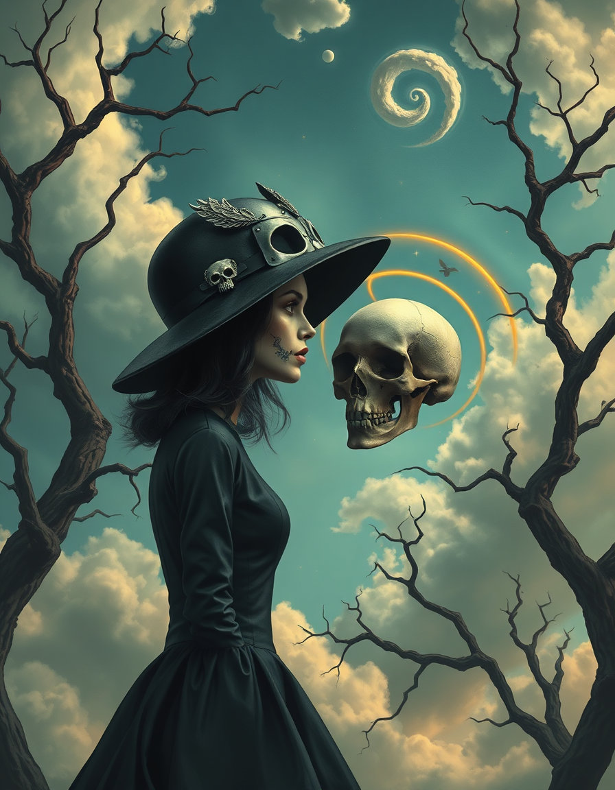 une femme élégante en chapeau skull gothique de cuir noir, bottines courtes à motif skull, entourée de gargouilles sur un fond sombre, dreamlike stillness, couleurs pastel douces, brume légère, contours flous, atmosphère sereine et surréaliste, lumière filtrée par une légère brume, mouvement lent et silencieux.by twisted trees, a blue‑green sky with spiral cat‑shaped clouds, and a skull hovering nearby, rendered in italian renaissance style with soft sfumato shadows, gold halos turning into constellations; reciprocal gaze composition aligns their sightlines, creating invisible geometric vectors that structure the frame and heighten emotional ten