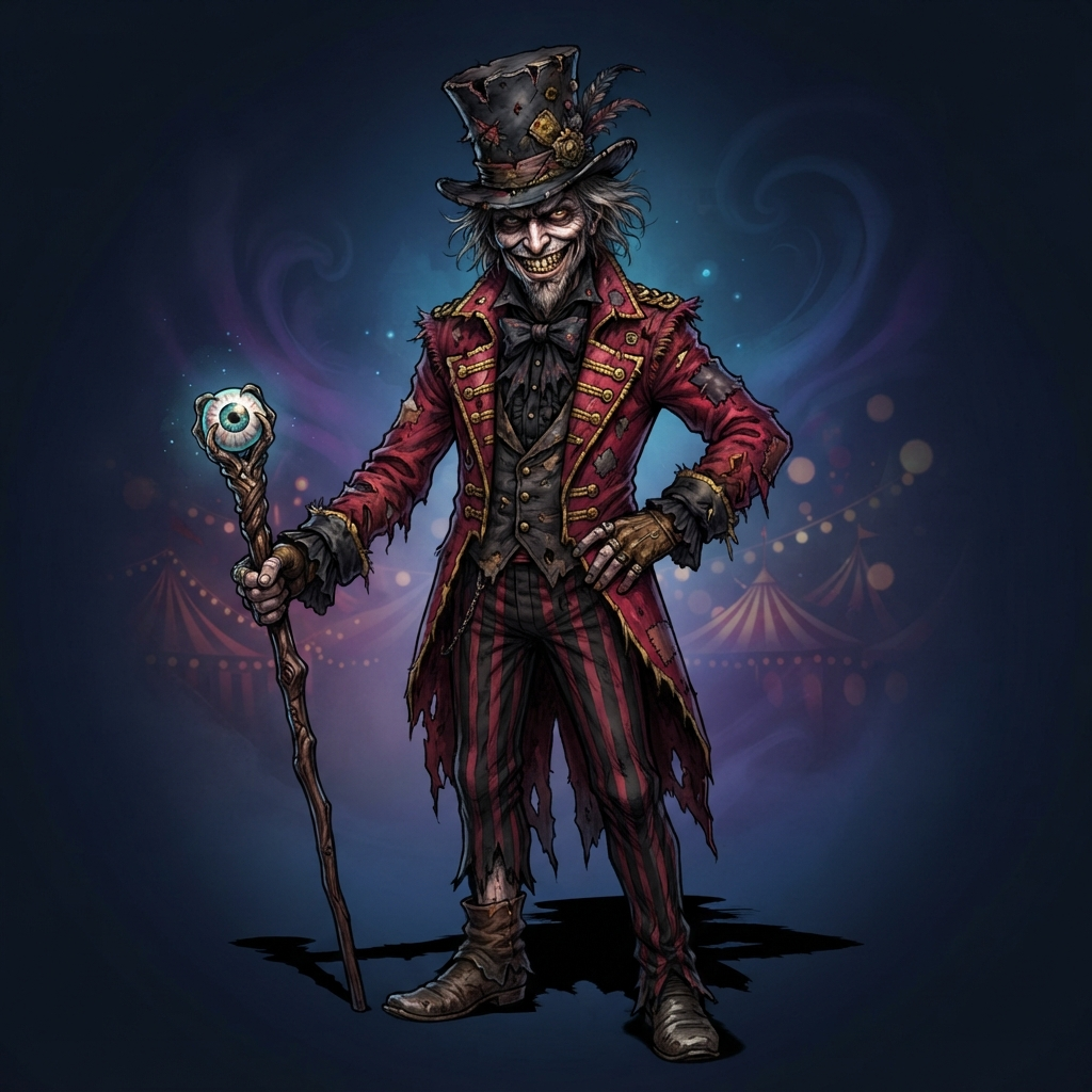 original character: a sinister ringmaster in a tattered crimson tailcoat and battered top hat, wide unsettling grin, holding a cane topped with a glass eye, dark carnival storybook illustration, candy-stripe and shadow palette, clean soft gradient studio background, vibrant, crisp high detail, digital illustration