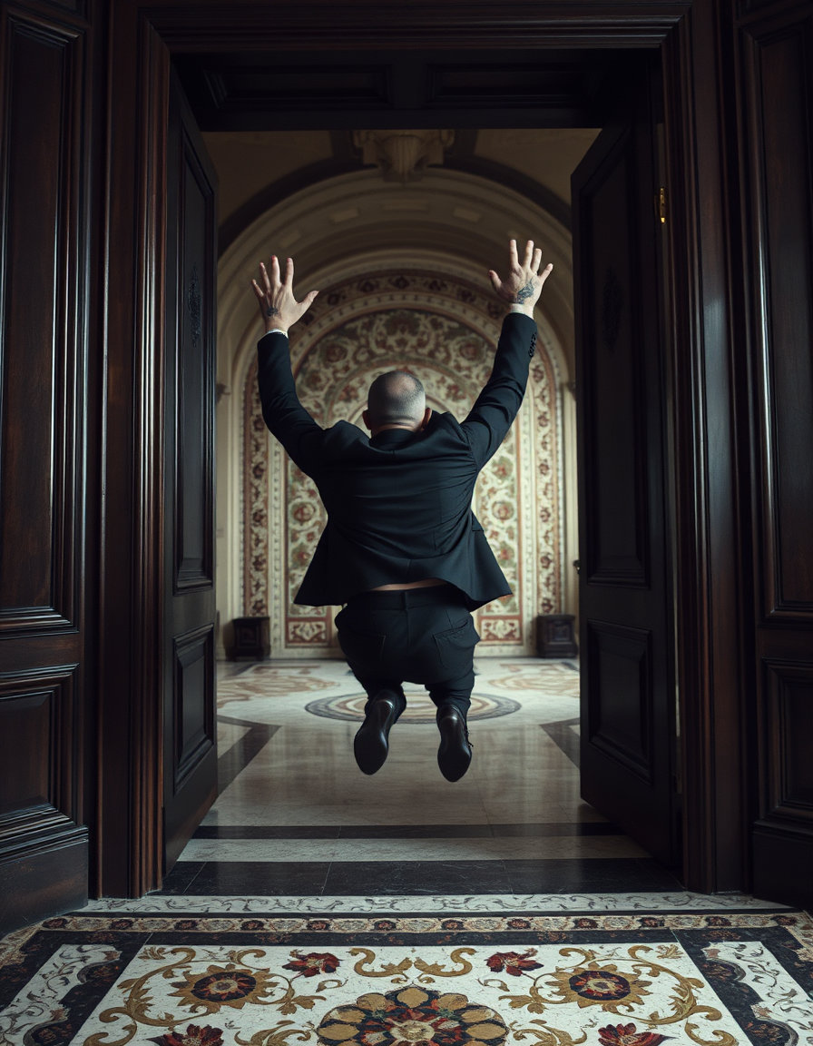 a man in a black suit, covered in intricate tattoos, falling backwards after being shot, arms raised, in a dark wood doorway with warped architectural lines and a terrazzo mosaic floor; split diopter view with the falling man sharply focused in the foreground and the expansive doorway and mosaic sharply focused in the background, a subtle soft‑focus transition between them, emphasizing dual‑plane tension and unsettling optical distortion.