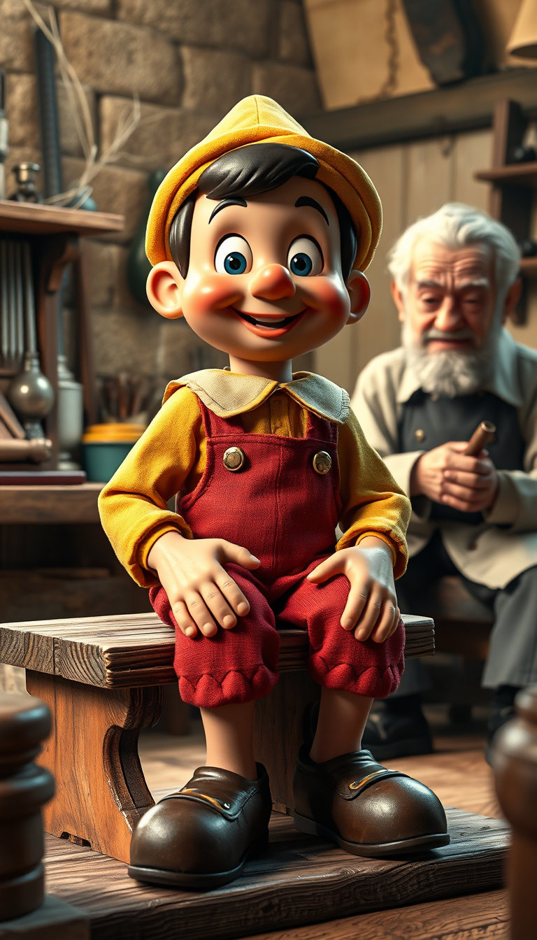 Poster verticale ultra-realistico, formato 9:16, vera risoluzione 8K Ultra HD, ispirato alla classica fiaba di Pinocchio, perfettamente composto per l'area sicura di TikTok, tutti gli elementi importanti centrati e completamente visibili all'interno dell'inquadratura, nessun volto tagliato, nessuna mano tagliata, nessuna dita mancante, nessuna anatomia deformata, nessun arto duplicato, nessun occhio distorto, nessun oggetto deformato, nessun elemento fluttuante, nessun errore di testo, nessun carattere sovrapposto, nessun dettaglio fuori dall'inquadratura.
Lato destro: Pinocchio seduto su un realistico banco da lavoro in legno all'interno di un'antica bottega italiana, volto espressivo, texture del burattino in legno con lavorazione realistica, classico abito da fiaba con pantaloncini rossi, cappello giallo, nastro blu, scarpe vintage, espressione emozionale e pensierosa, proporzioni realistiche, lineamenti del viso dettagliati, illuminazione cinematografica su viso e corpo.
Lato sinistro: Maestro Geppetto, anziano falegname italiano con baffi e volto affettuoso, pelle invecchiata realistica, indossa autentici abiti da falegname vintage, grembiule di pelle, maniche arrotolate, circondato da attrezzi da falegname, calda espressione paterna, mani e anatomia realistiche, posa naturale. Ambiente: un'antica e magica falegnameria piena di attrezzi d'epoca, mobili in legno, lanterne, trucioli, texture rustiche, una calda illuminazione dorata, atmosfera cinematografica, raggi di luce volumetrici, realismo fiabesco, accogliente atmosfera vintage italiana, pareti in legno dettagliate, oggetti artigianali, ombre realistiche, profondità di campo.
Composizione perfettamente bilanciata per la visualizzazione verticale su dispositivi mobili, personaggi chiaramente separati a sinistra e a destra, nessun elemento superfluo, nessun oggetto sovrapposto, prospettiva realistica, texture estremamente dettagliate, color grading cinematografico, realismo ultra dettagliato, volti fotorealistici, atmosfera narrativa emozionante.
Suggerimenti negativi: immagine sfocata, bassa qualità, dita in più, braccia in più, viso ritagliato, anatomia malformata, parti del corpo duplicate, mani rotte, occhi strabici, bocca distorta, arti allungati, prospettiva errata, strumenti fluttuanti, texture irrealistiche, composizione disordinata, testo illeggibile, filigrana, fotogramma tagliato, colori sovrasaturi, anatomia da cartone animato, illuminazione errata, artefatti, rumore di compressione, viso da marionetta deformato, dettagli mancanti, fuori fuoco