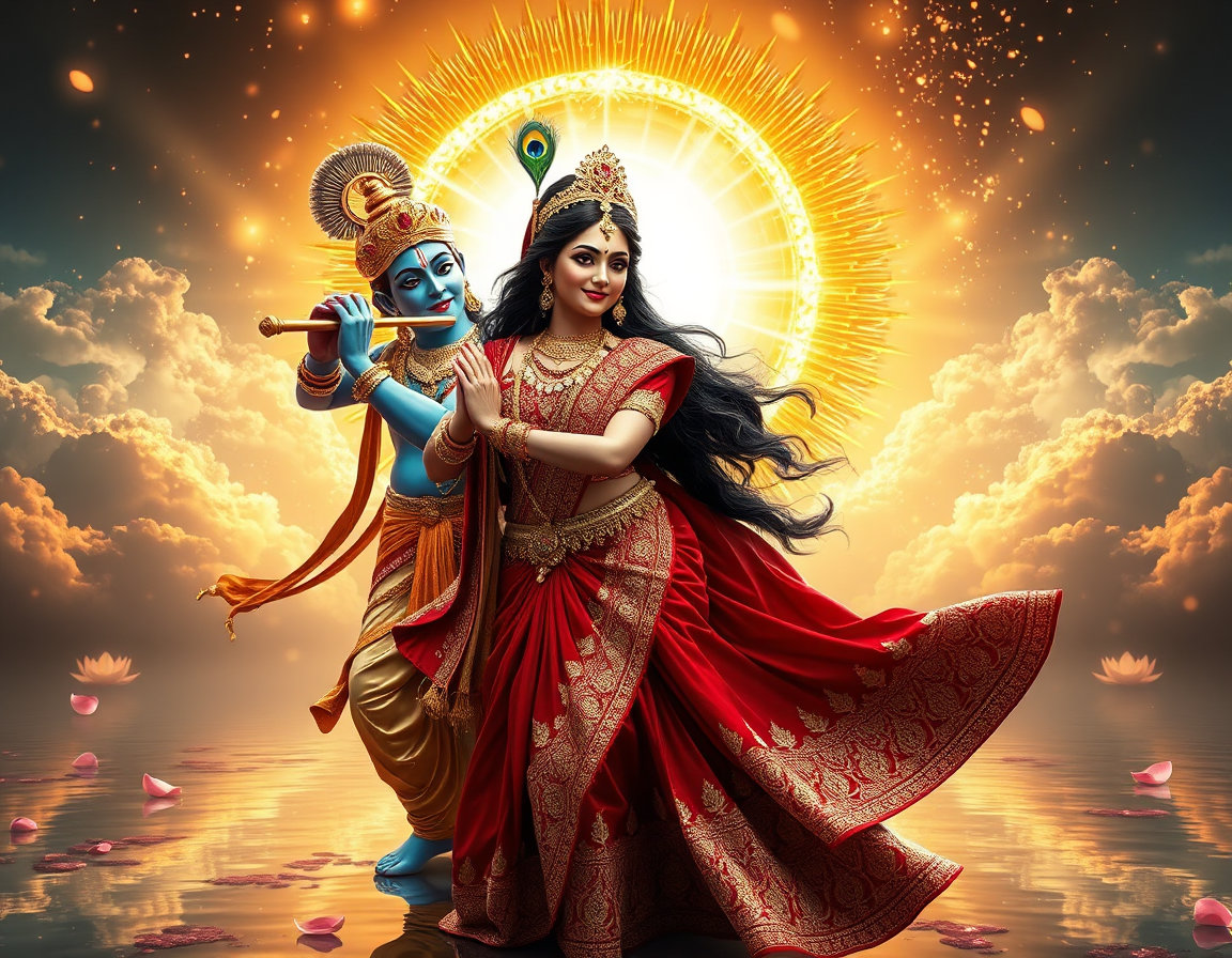 A breathtaking divine scene of Lord Krishna and Radha performing an enchanting Ras Leela dance in the celestial heavens, Krishna standing gracefully behind Radha playing his golden flute, radiant blue skin, majestic golden crown adorned with a vibrant peacock feather, intricate gold jewelry, divine silk garments flowing in the wind. Radha wearing an opulent crimson red and ivory lehenga with heavy golden zari embroidery, luxurious bridal jewelry, elegant bangles, waist chain, earrings, necklace, soft glowing skin, long silky black hair flowing dramatically, graceful dance pose with outstretched arms, serene smile, mesmerizing expression. A magnificent golden cosmic halo with swirling sacred energy behind them, heavenly clouds illuminated by divine sunlight, sparkling magical particles, glowing lotus petals floating in the air, ethereal atmosphere, cinematic volumetric lighting, god rays, ultra-realistic fabric textures, intricate embroidery, realistic ornaments, reflections on wet ground, dramatic fantasy background, celestial aura, divine love, spiritual energy, masterpiece composition, hyper-realistic, hyper-detailed, photorealistic, HDR, Unreal Engine 5, Octane Render, ray tracing, global illumination, ultra sharp focus, 16K resolution, extremely detailed face, perfect anatomy, vibrant colors, award-winning fantasy artwork.