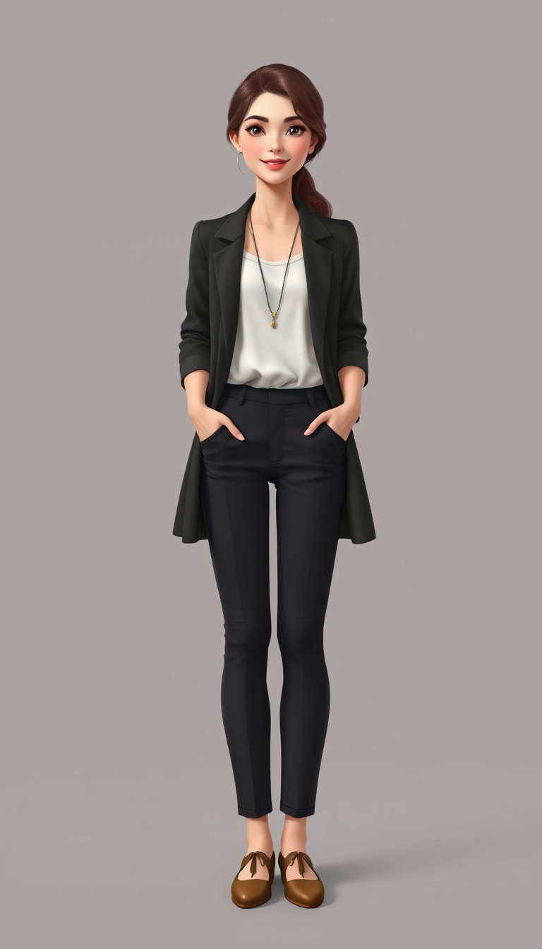 "Full body portrait of an original realistic young woman character named Irman, standing naturally, visible from head to toe, wearing a simple elegant casual outfit, natural hairstyle, friendly smile, realistic human appearance, soft expressions, not a cartoon, not a doll. Full body, complete character design, vertical 9:16