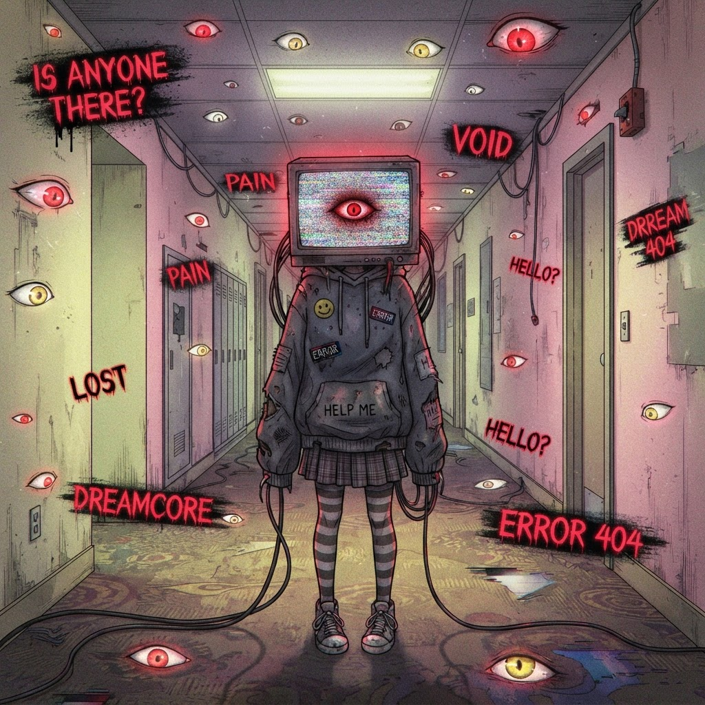 weirdcore OC, girl with CRT television head showing glitchy static and a glowing eye, endless pastel liminal hallway, floating eyes, distorted text, muted colors with neon red accents, dreamlike