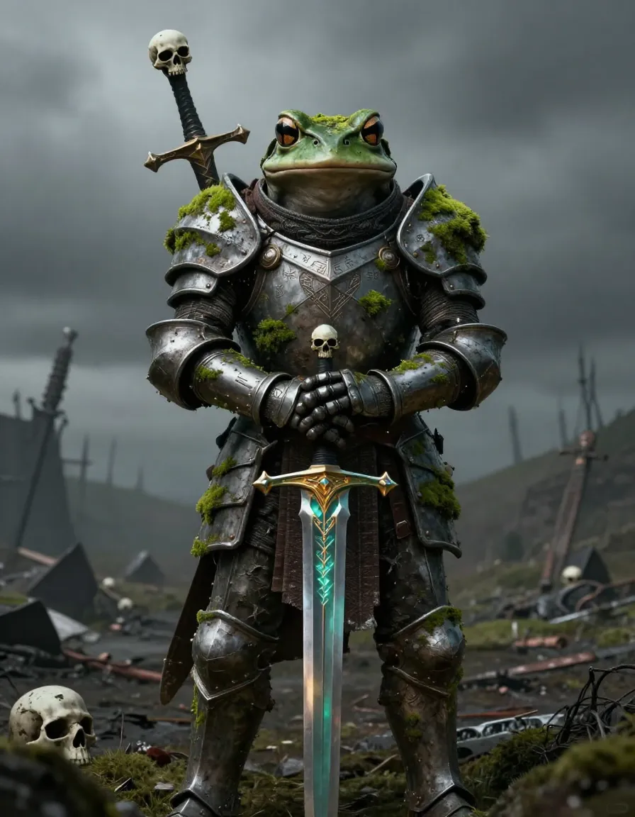 noble frog knight, a solemn amphibian hero clad in weathered fantasy armor mottled with soft green moss, gripping a small enchanted sword that glows turquoise and amber, standing proudly in the foreground dominating the frame; rendered with normal mapping technique and dark fantasy muted color treatment, high contrast lighting and deep shadows, hyperrealistic intensity and micro‑textures that reveal every etched rune on the death‑knight runic plate and the moss‑covered steel; the frog knight’s skeletal visage is cold and calculating, a skeleton warrior knight commander wearing massive greatsword and skull trophies, set on an overcast gray battlefield aftermath under a flat, ominous sky; the scene is under‑lit with mixed hard and soft lighting, eye‑level camera angle, and neutral bokeh, with distant environmental details of the battlefield receding into the background, conveying an ominous and dread grimdark realistic atmosphere.