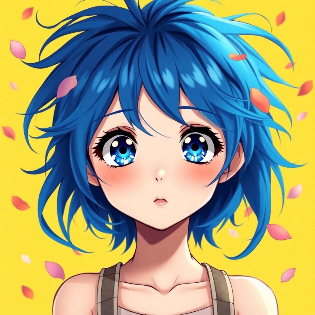 Anime girl portrait, vibrant blue messy hair, large expressive blue eyes, delicate features, shoulder straps, yellow background, falling leaves and petals, digital art, highly detailed, soft lighting, Studio Ghibli style, colorful, whimsical, 4k resolution